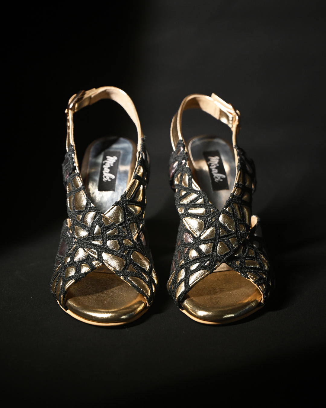 Black Webbed Detailing With Cushioned Gold And Silver Sling Back Heels