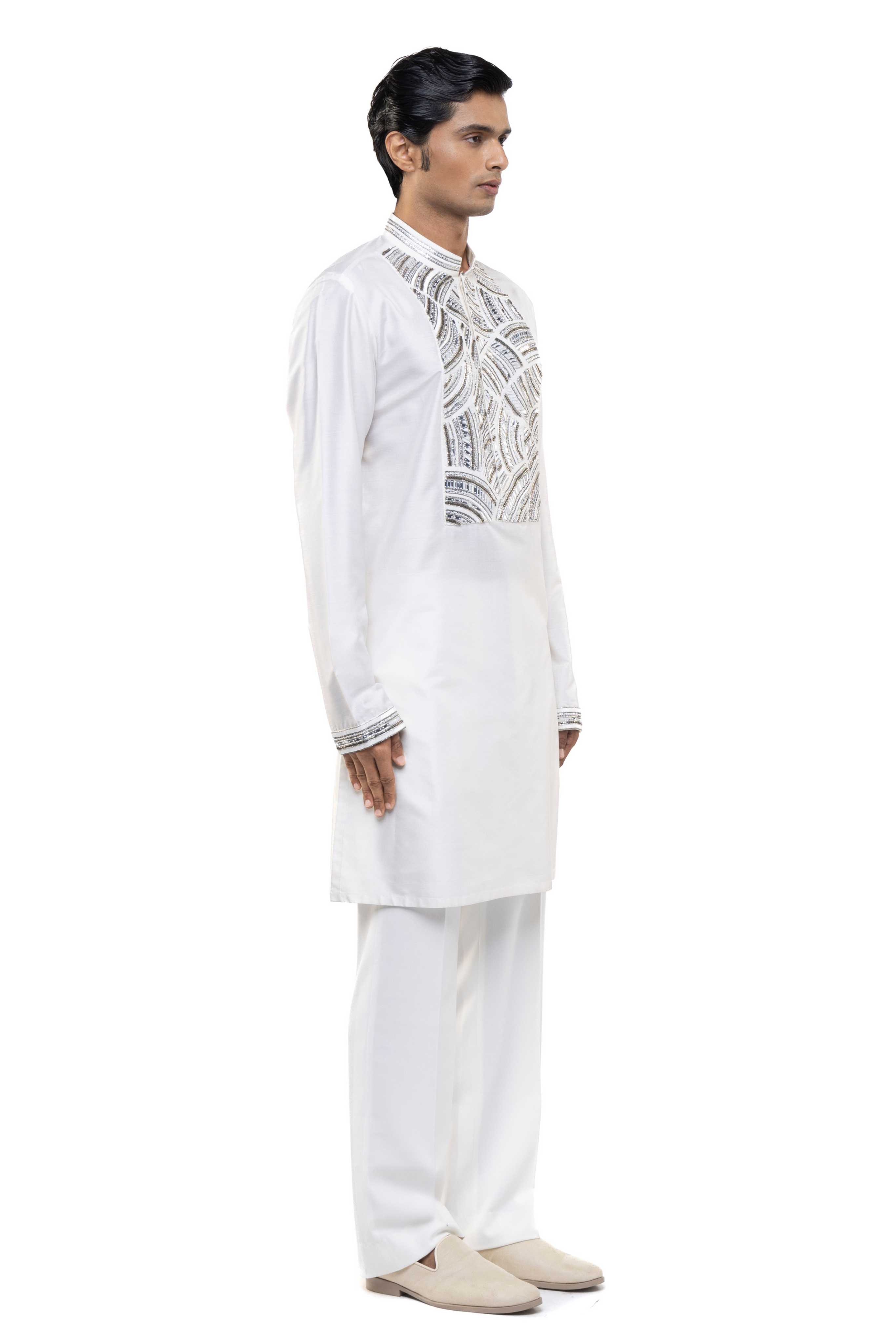 White & Silver Silk Metallic Embroidery Kurta Set
