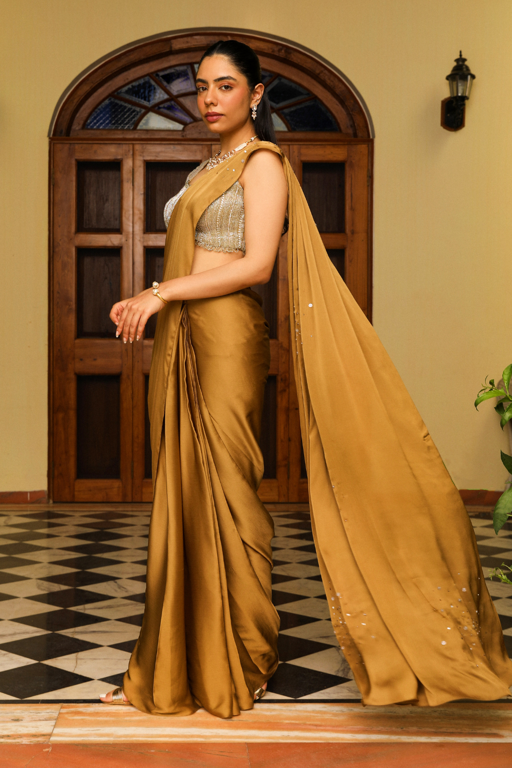 Khwaish Honey Gold Drape Saree with Heavy Dori and Cut Dana Work
