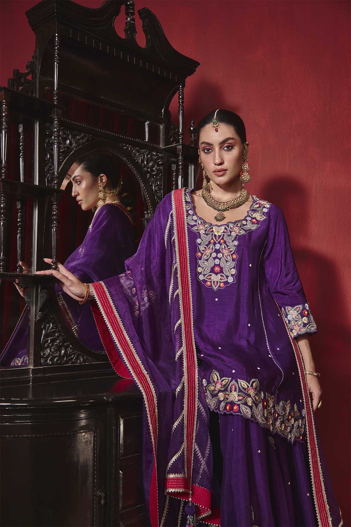 Purple Dupion Silk A-Line Kurta and Sharara Set - Shagun
