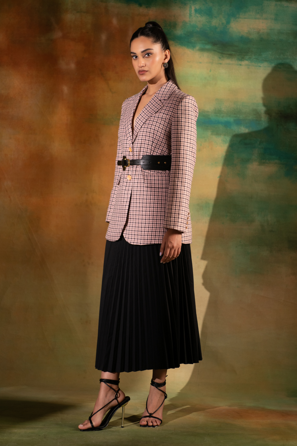 Pink Check Tweed Long Jacket with Pleated Silk Crepe Skirt Set