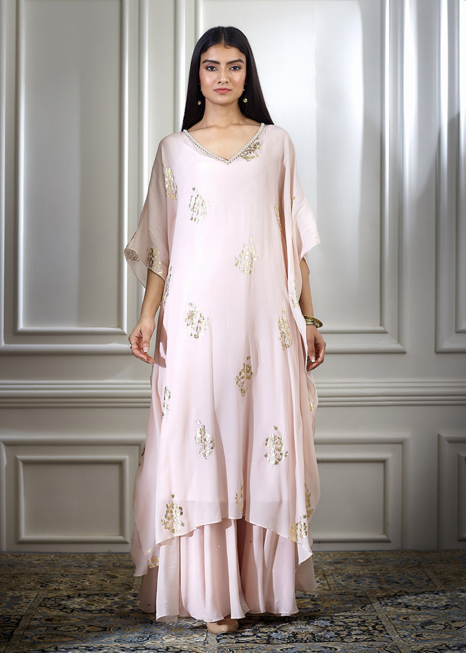 Peach Foil Printed Embellished Kaftan With Sharara