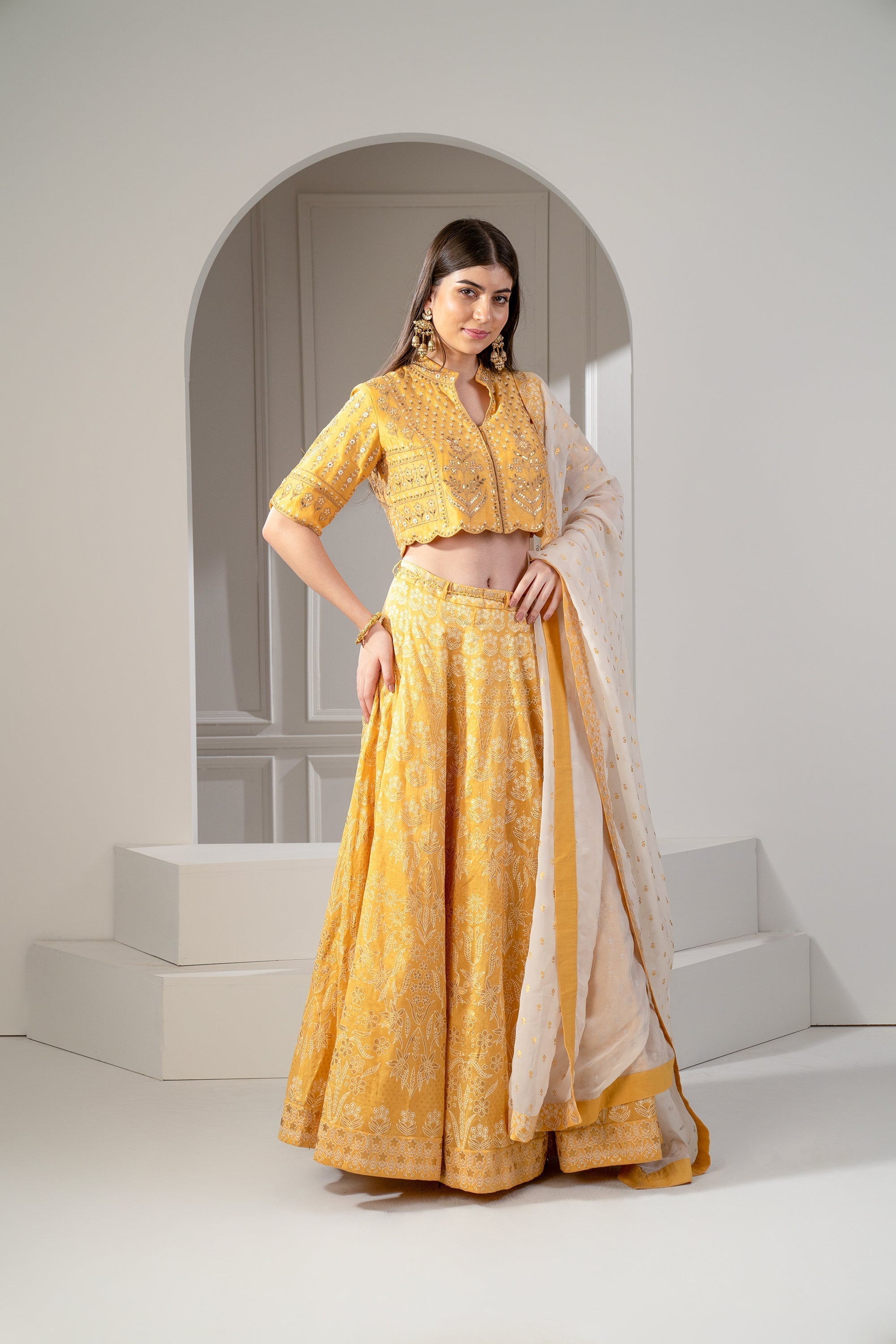 Daffodil Yellow Satin Silk Emroidered Indo Western Set