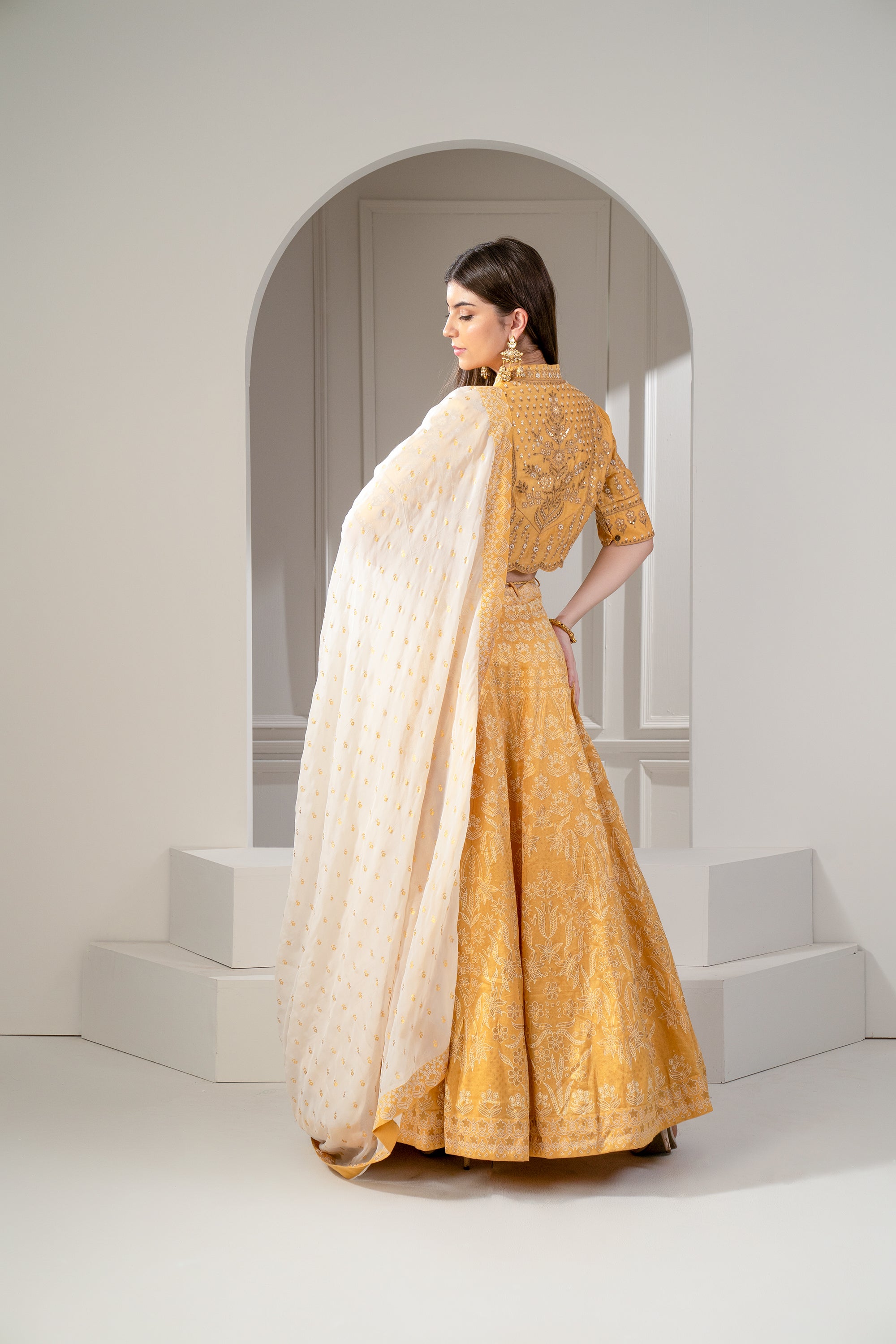 Daffodil Yellow Satin Silk Emroidered Indo Western Set