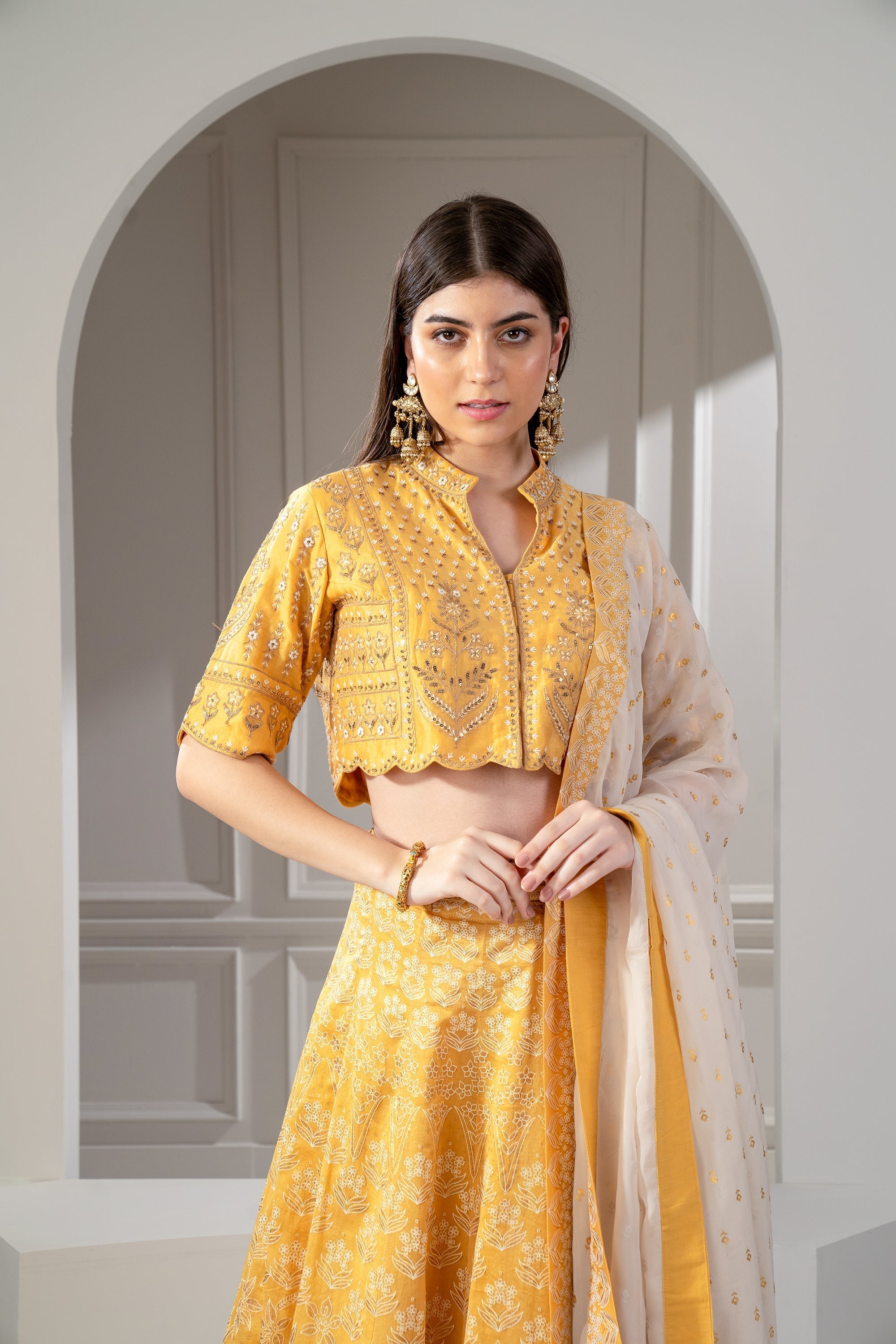 Daffodil Yellow Satin Silk Emroidered Indo Western Set