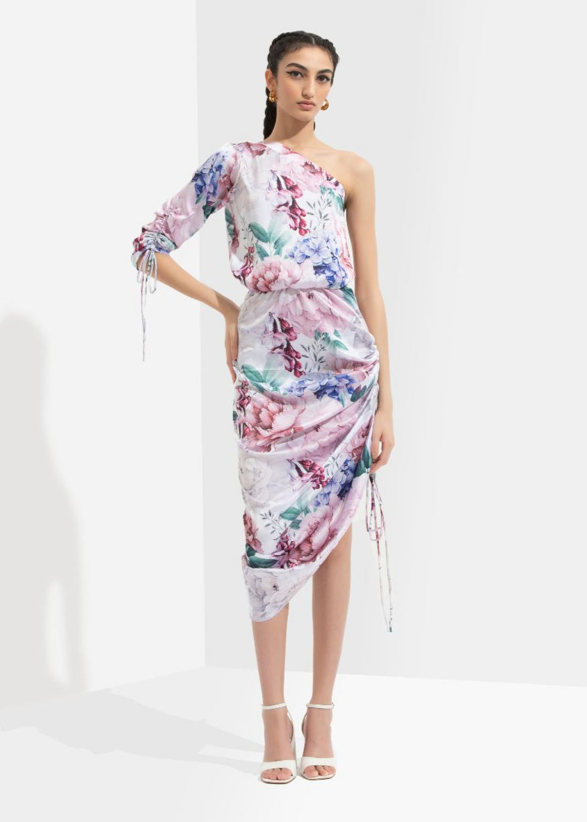 Iris Printed One Off Shoulder Short Dress