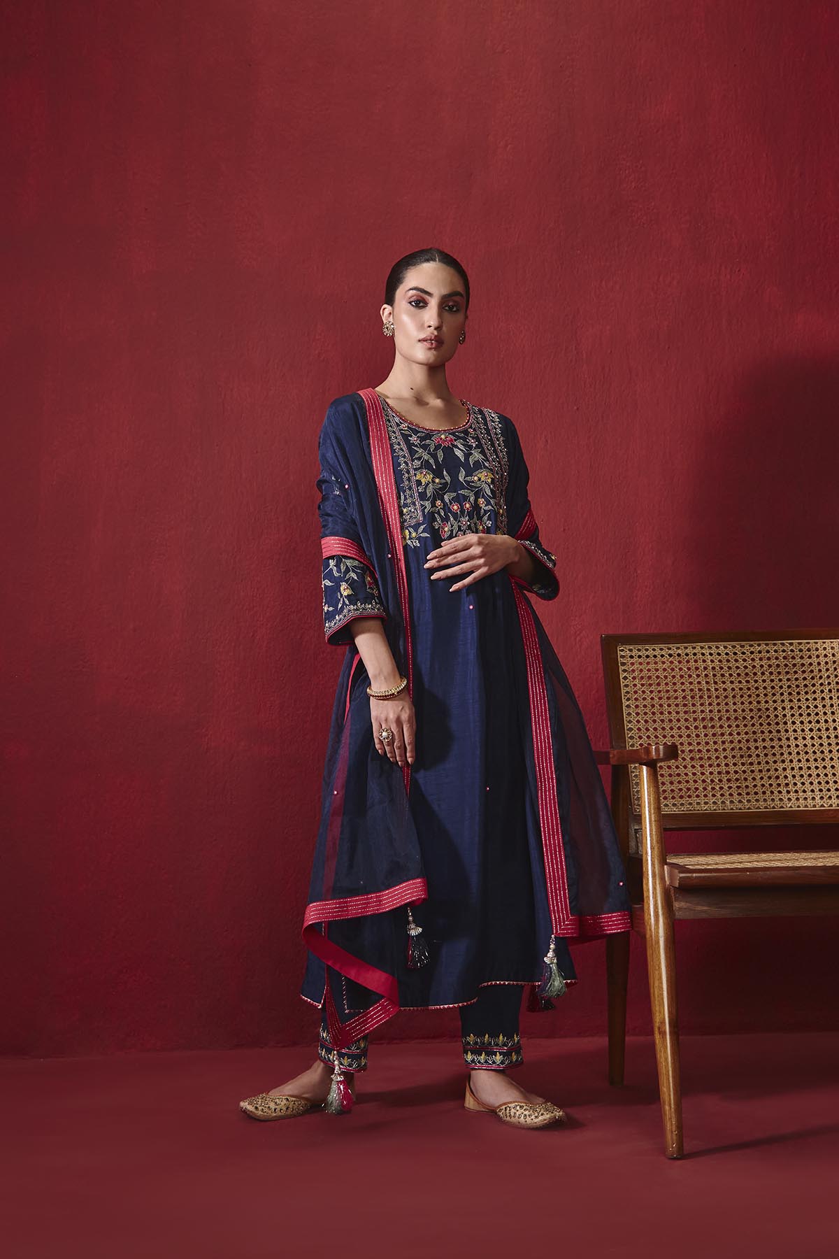 Navy Blue Dupion Silk Kurta Set with Embroidered Organza Dupatta