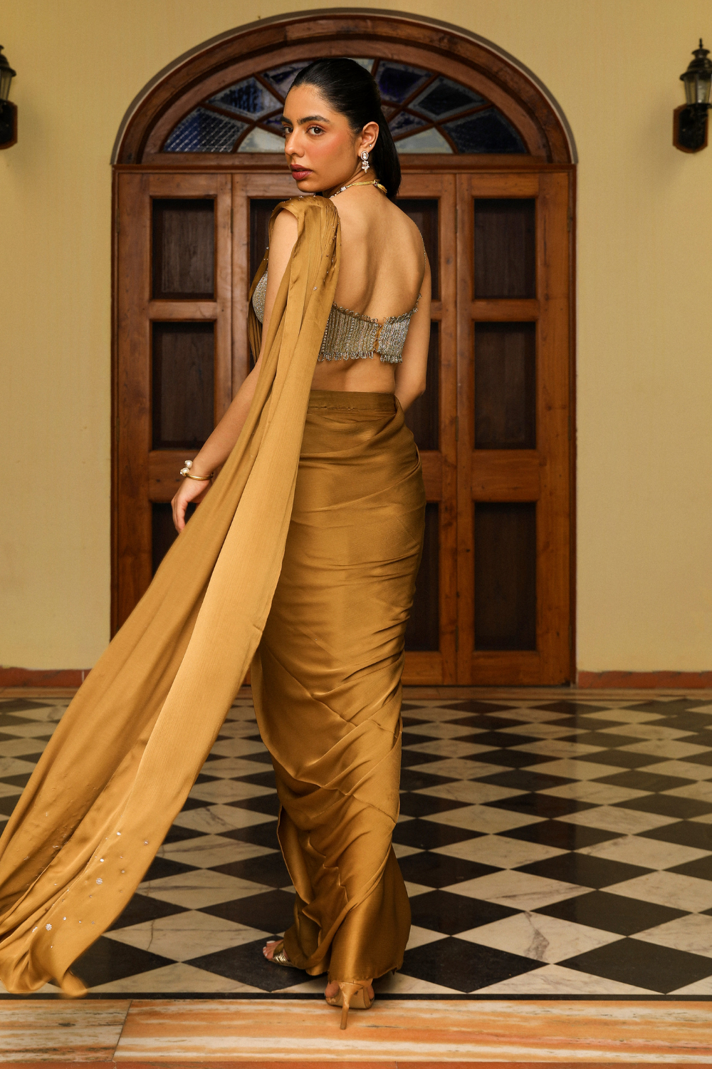 Khwaish Honey Gold Drape Saree with Heavy Dori and Cut Dana Work