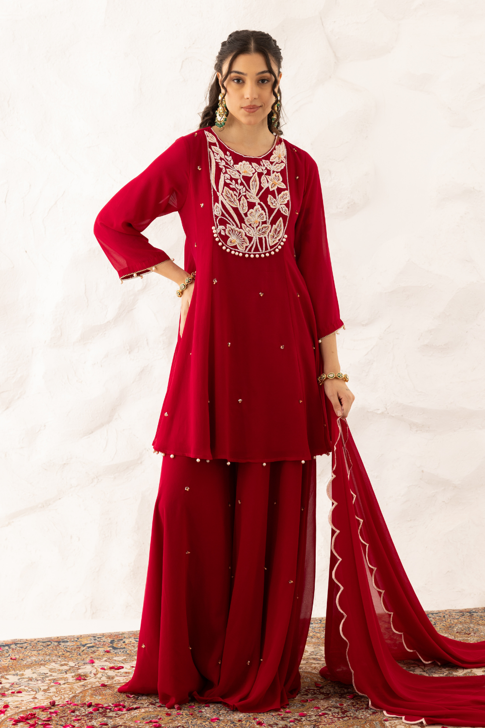Anchal Plum Georgette Peplum Sharara Suit with Floral Embroidery