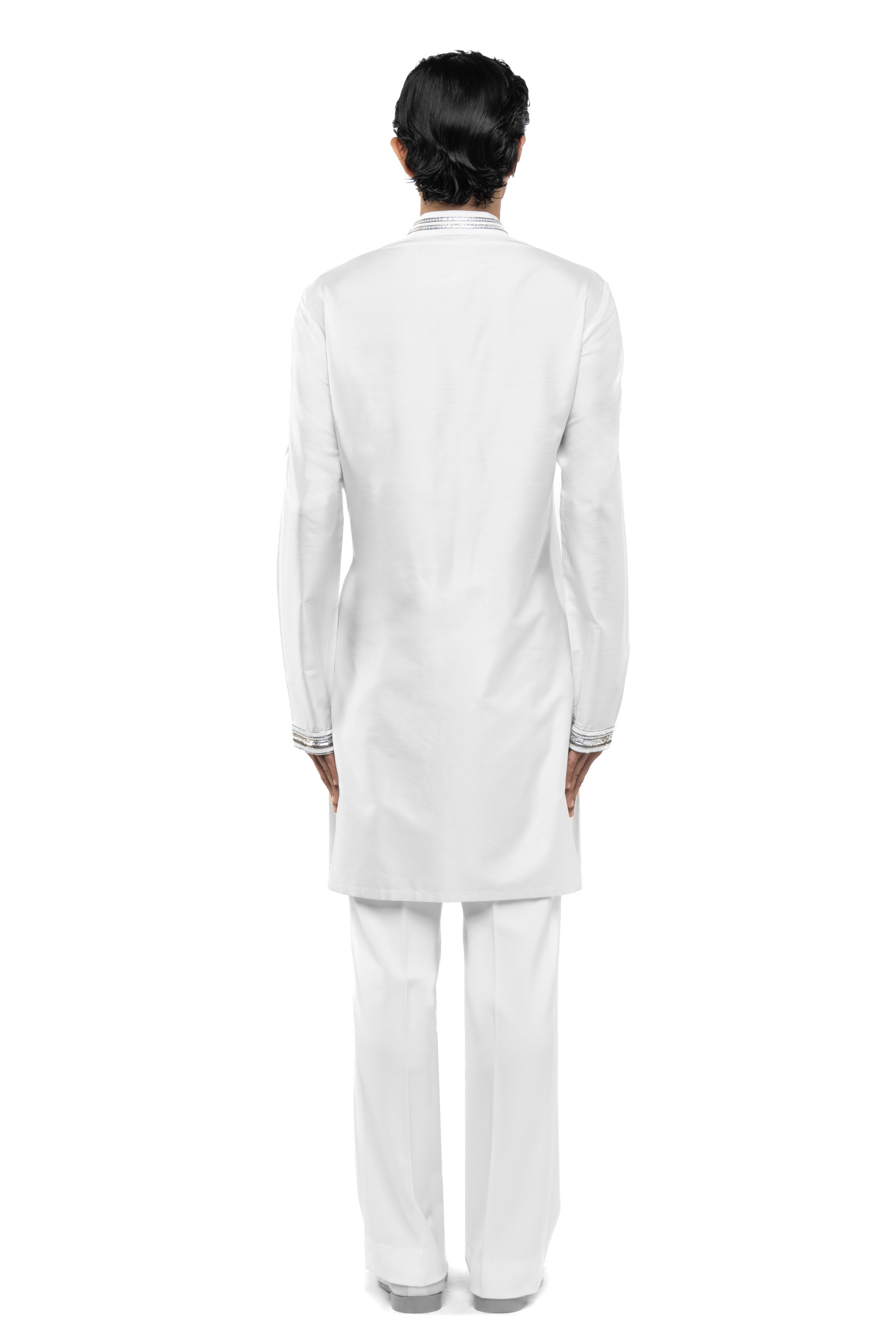 White & Silver Silk Metallic Embroidery Kurta Set