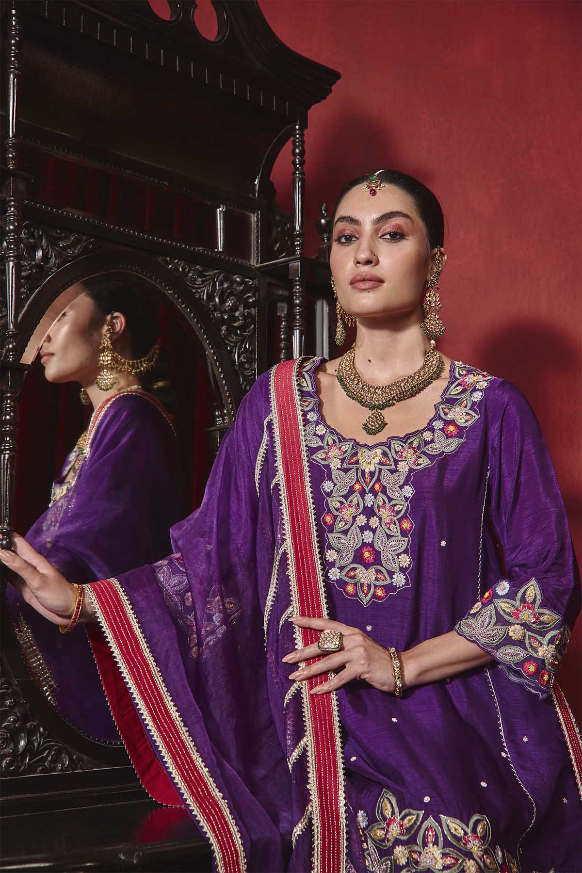 Purple Dupion Silk A-Line Kurta and Sharara Set - Shagun