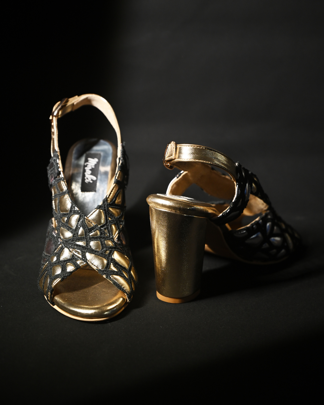 Black Webbed Detailing With Cushioned Gold And Silver Sling Back Heels
