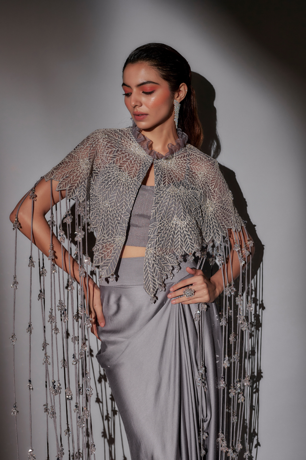 Begum Cape Set with Crystal Chandelier Neckline & Pickup Skirt