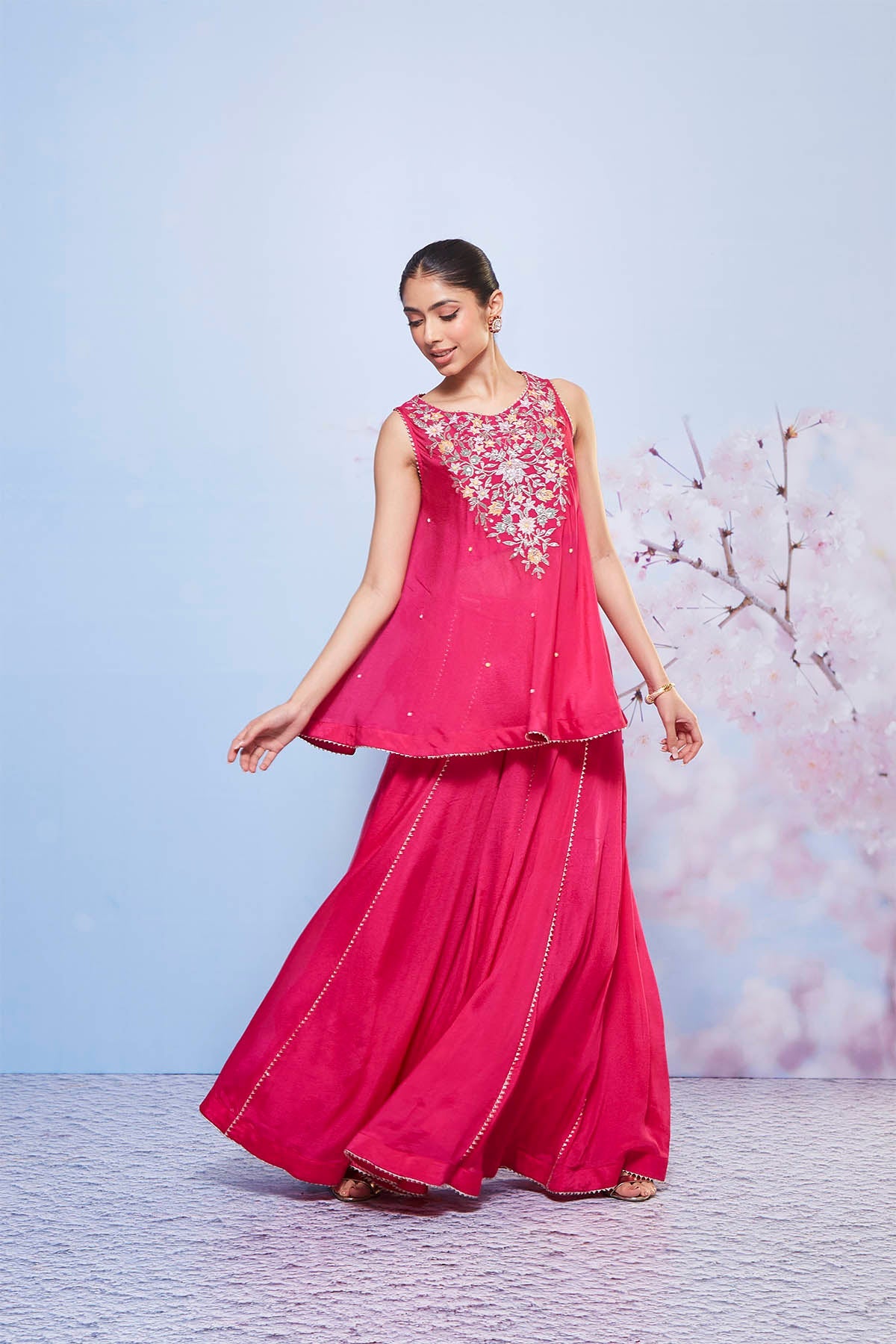 Rani Pink Chiffon A-Line Kurta and Sharara Set with Embroidery