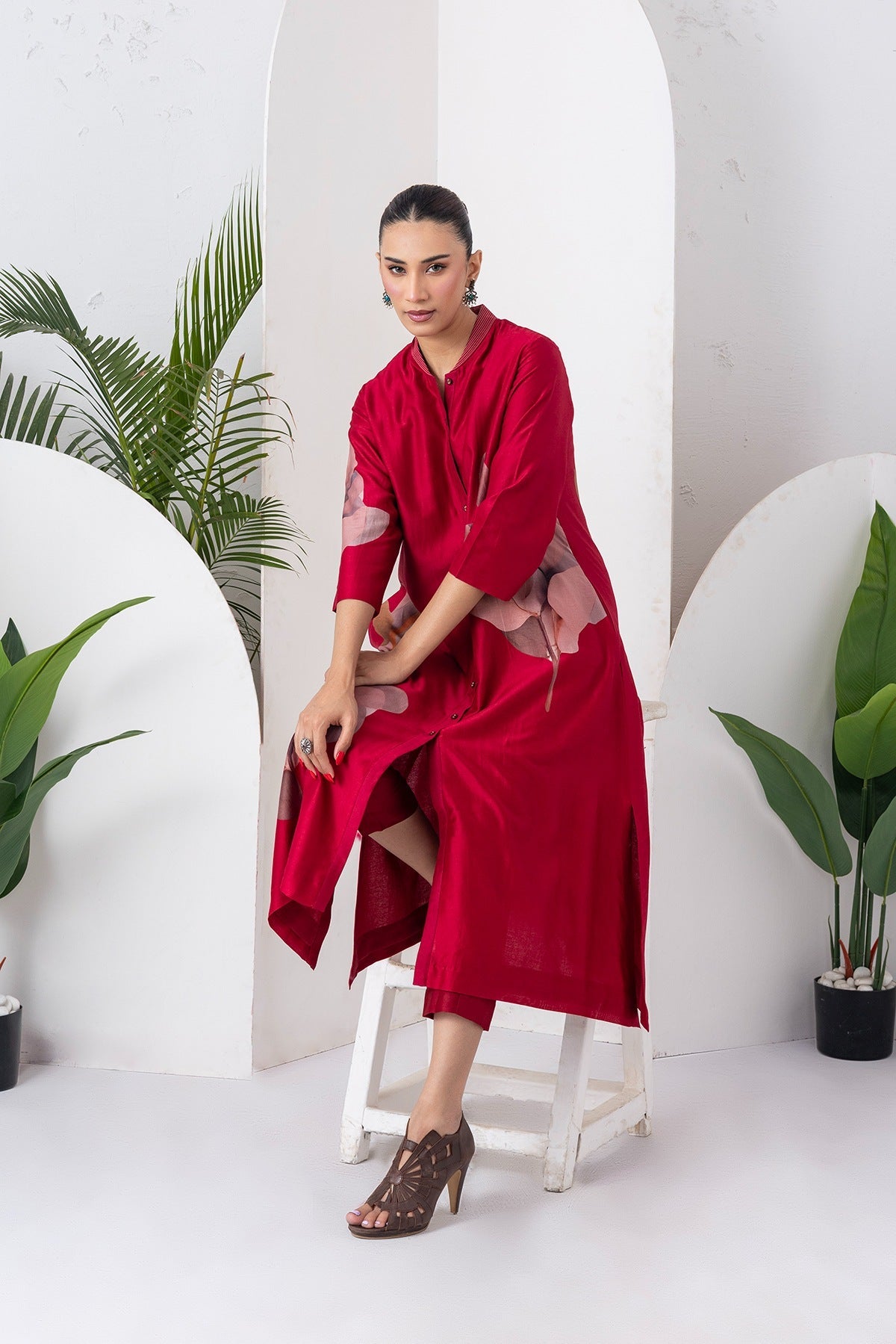 Maroon Silk Chanderi Leaf Printed Dress Set (3 PCS)
