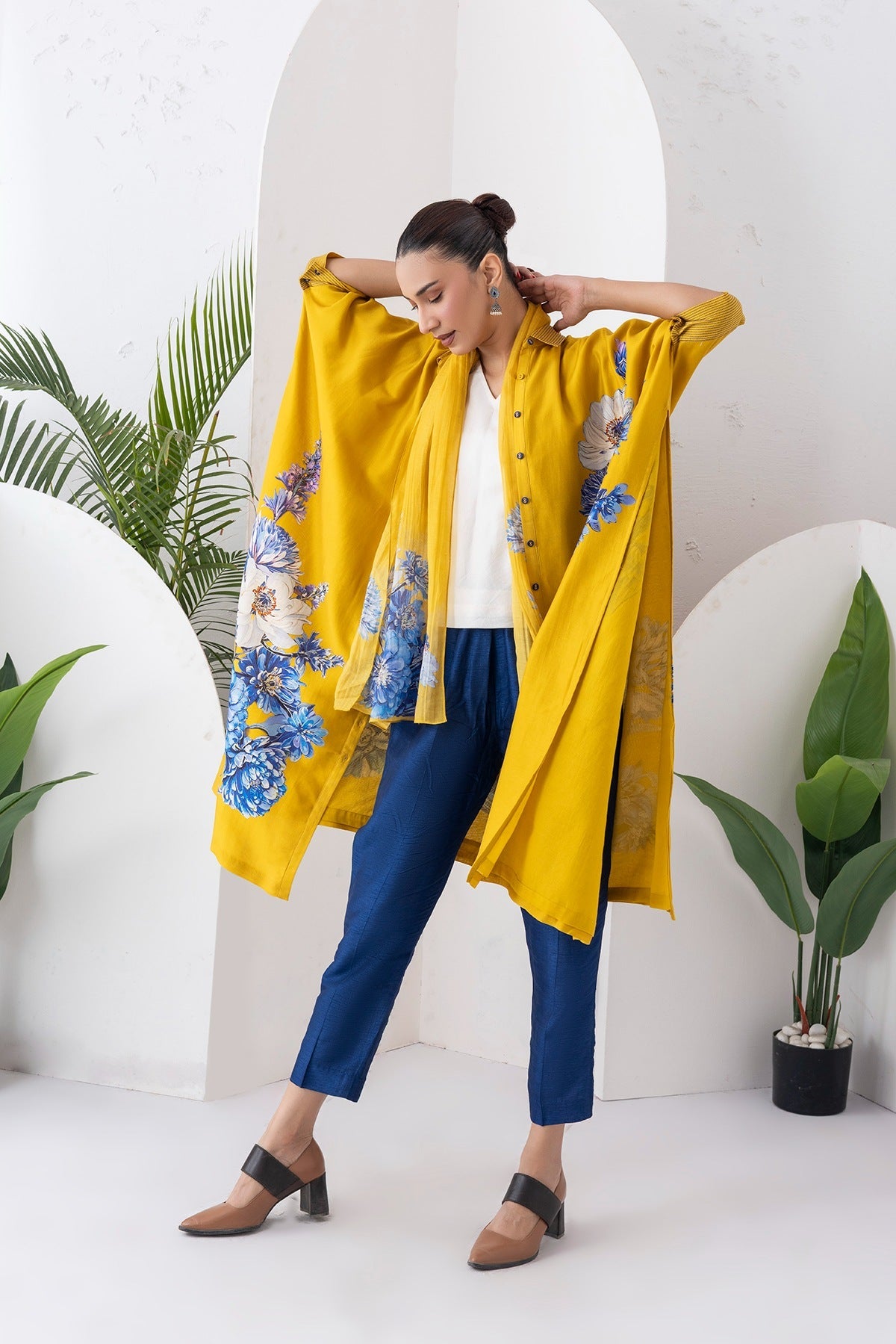 Yellow Silk Chanderi Front Open Kaftan Style Printed Dress Set (3 PCS)