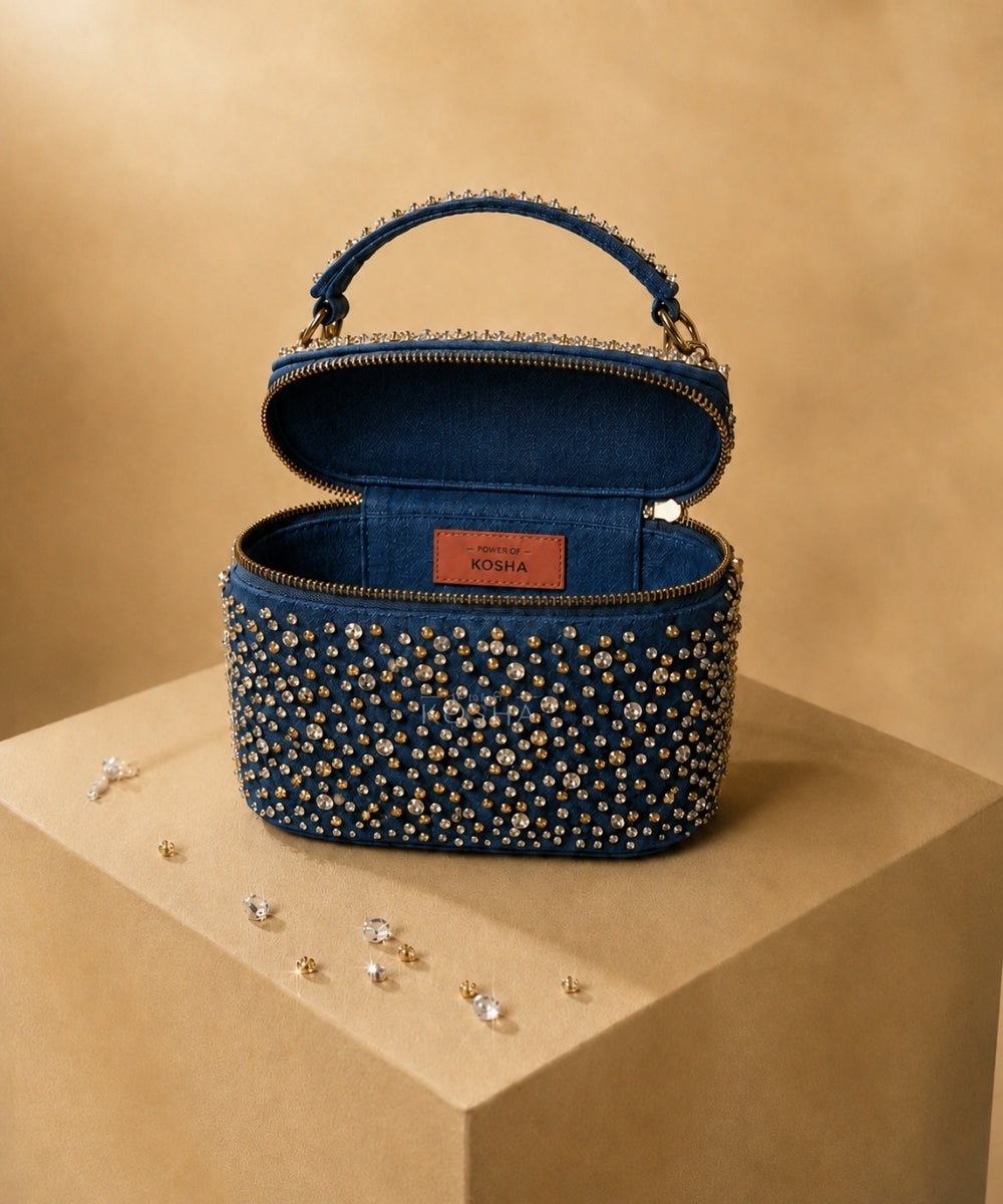 Inaya Gold & Silver Denim Embroidered Vanity Bag