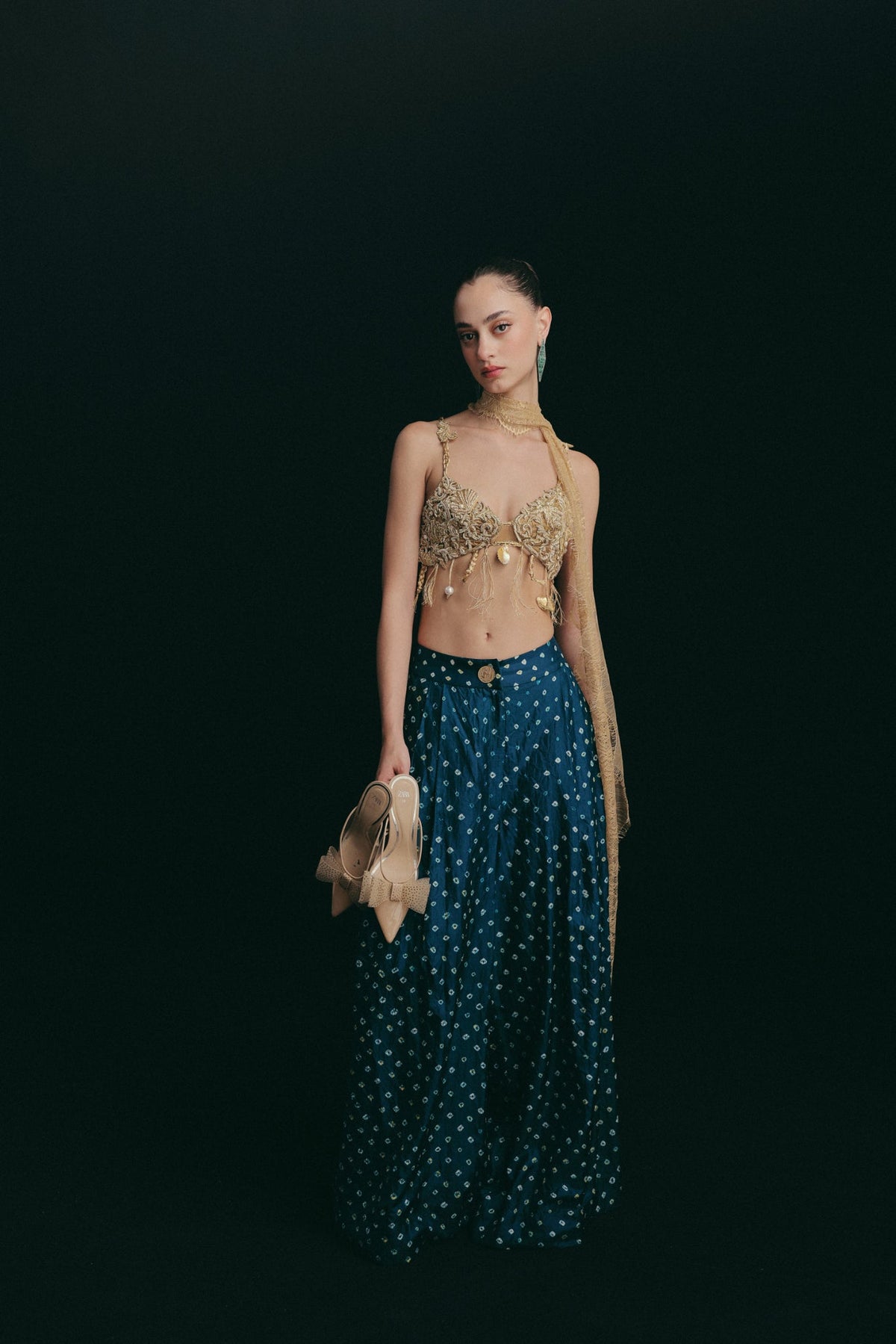 Zardosi Cutwork Embroidery, Silk & Handwoven Bandhini Silk with Lace, Pant Set, Blouse Silhouette