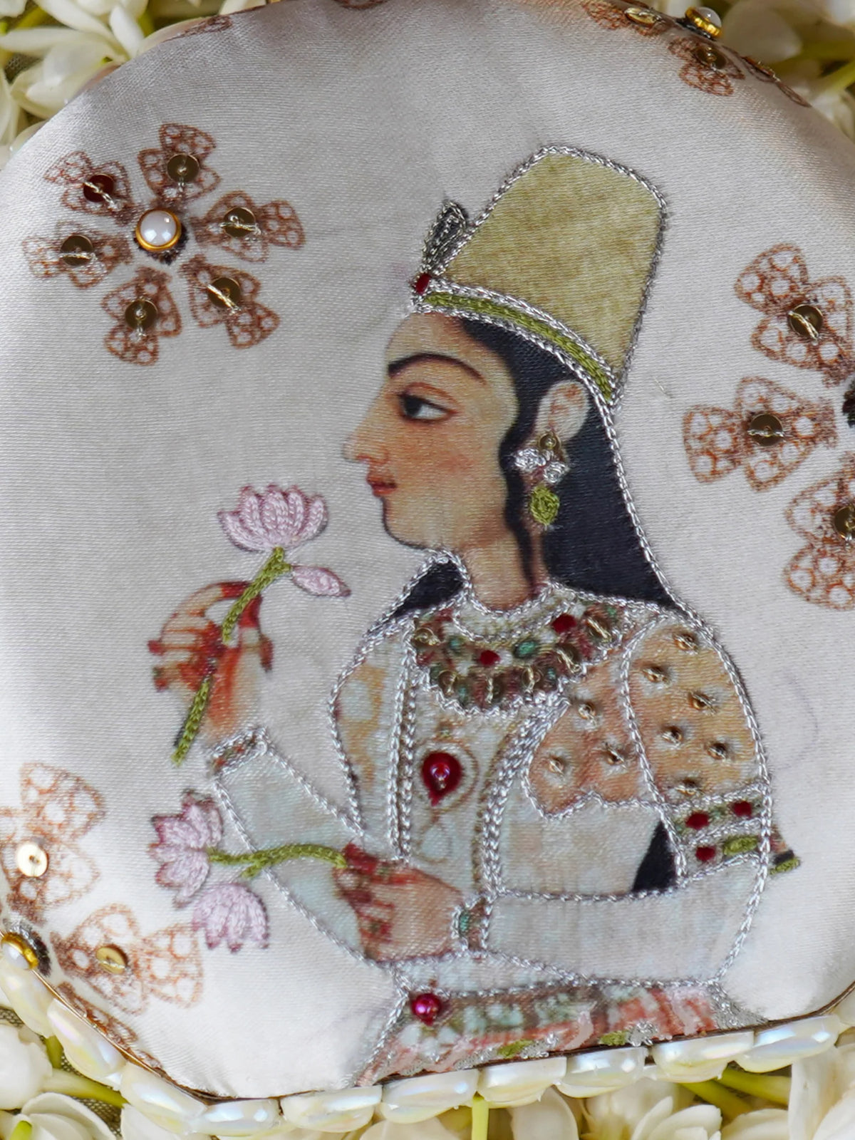 Ivory Miniature Art Round printed Clutch Bag with Pearl and Gold Chain