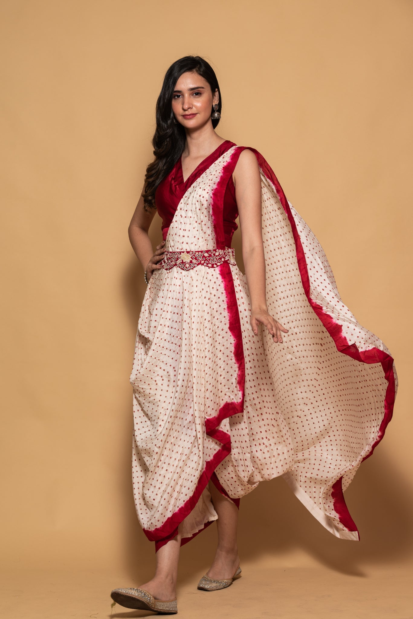 Black red bandhni drape saree
