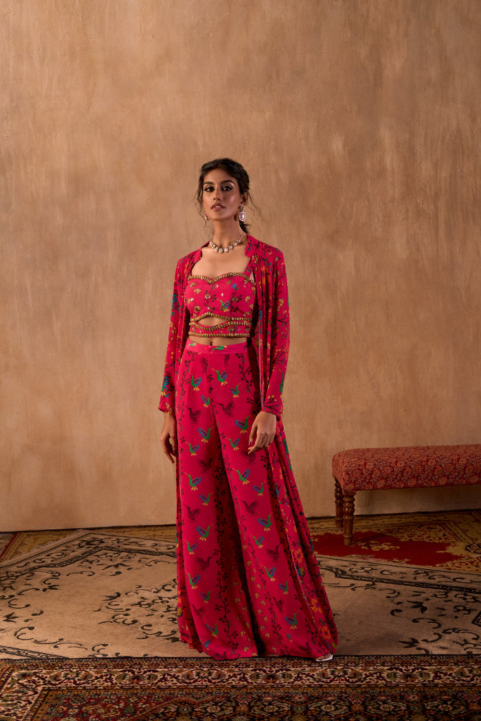 PINK PRINT EMBROIDERED CHOLI, PANTS AND JACKET SET
