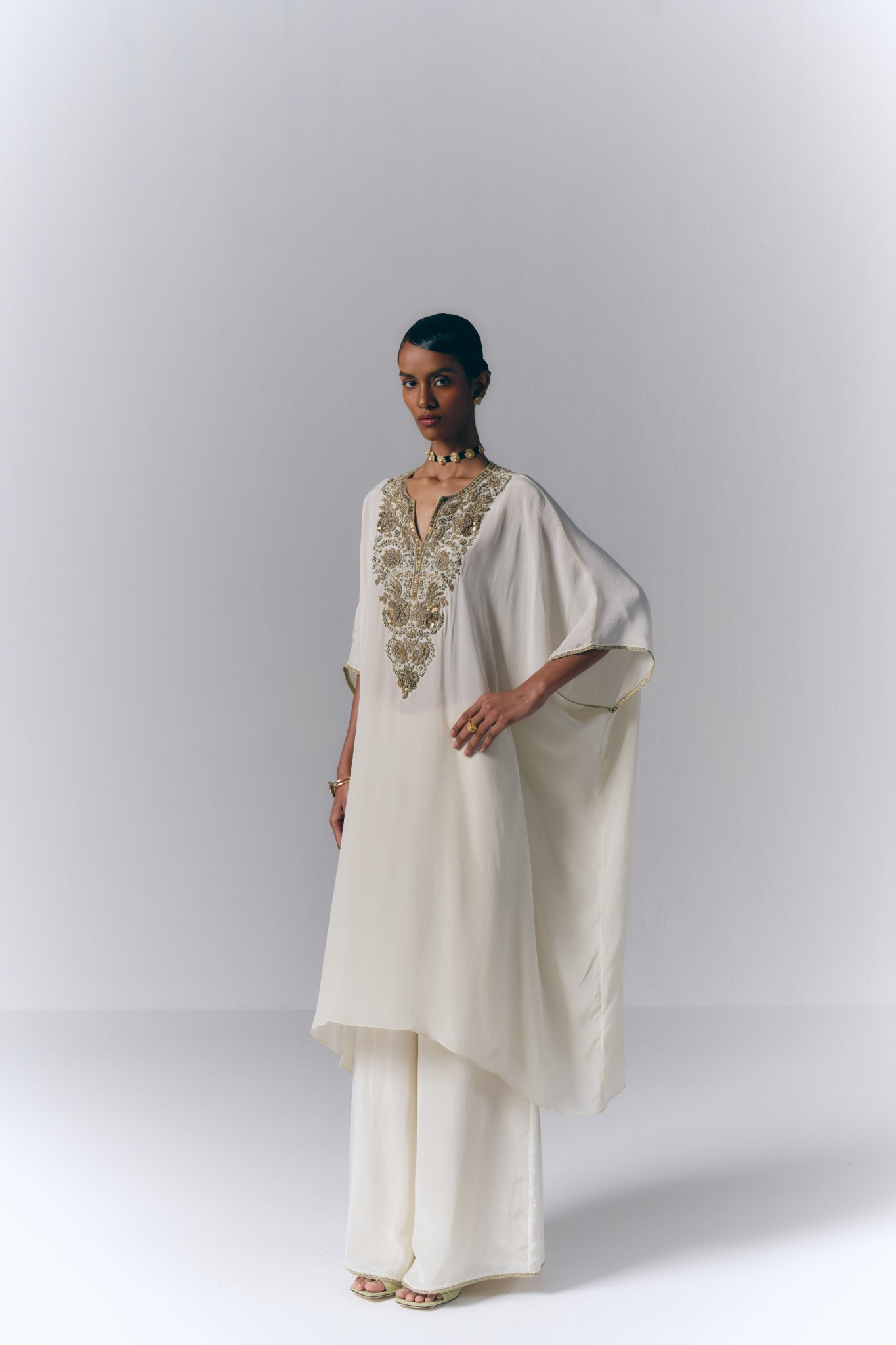 Ivory Embroidered Kaftan Set