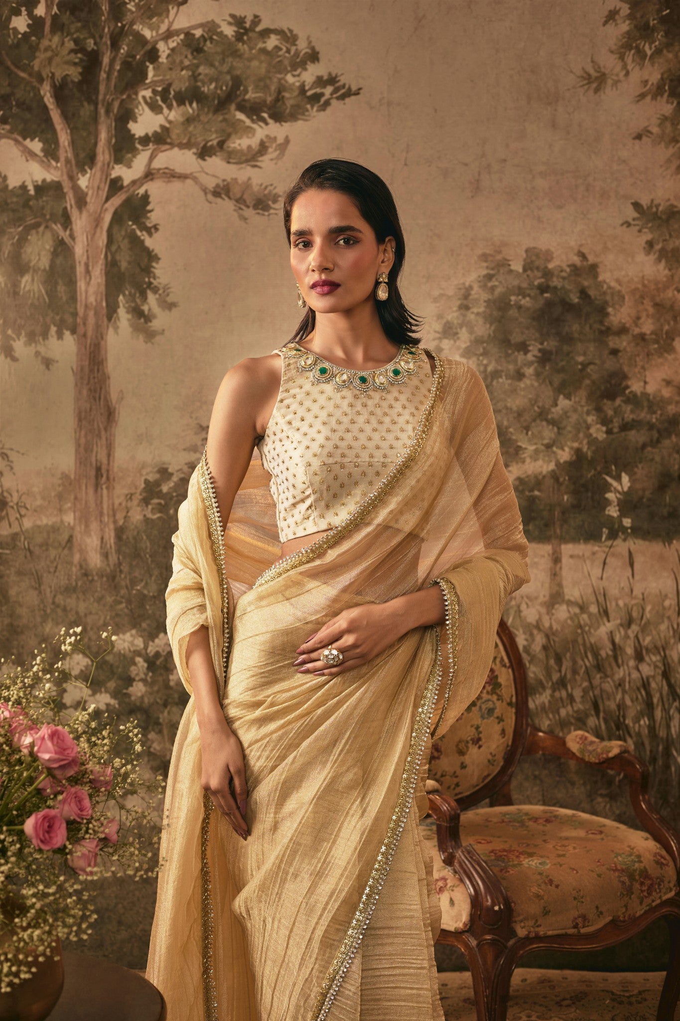 Champagne Gold Metallic pre-pleated Tissue Saree Set