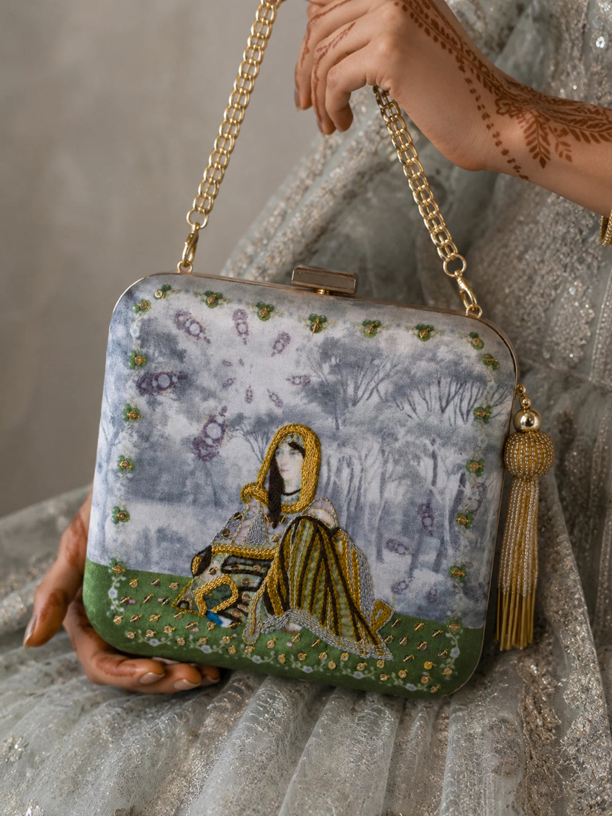 Indian Queen Portrait Embellished Clutch Bag with Gold Tassel