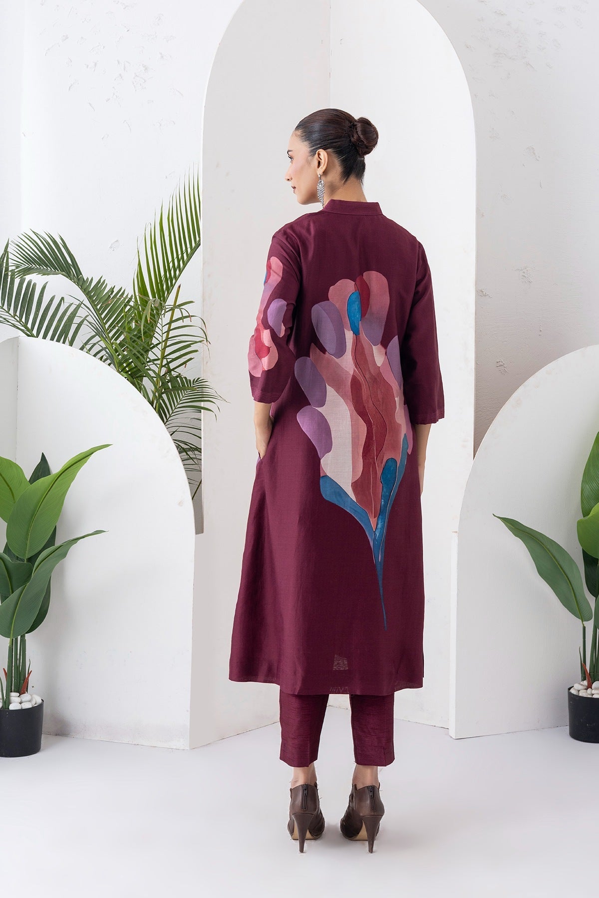 Chocolate Brown Silk Chanderi Printed Dress Set (3 PCS)