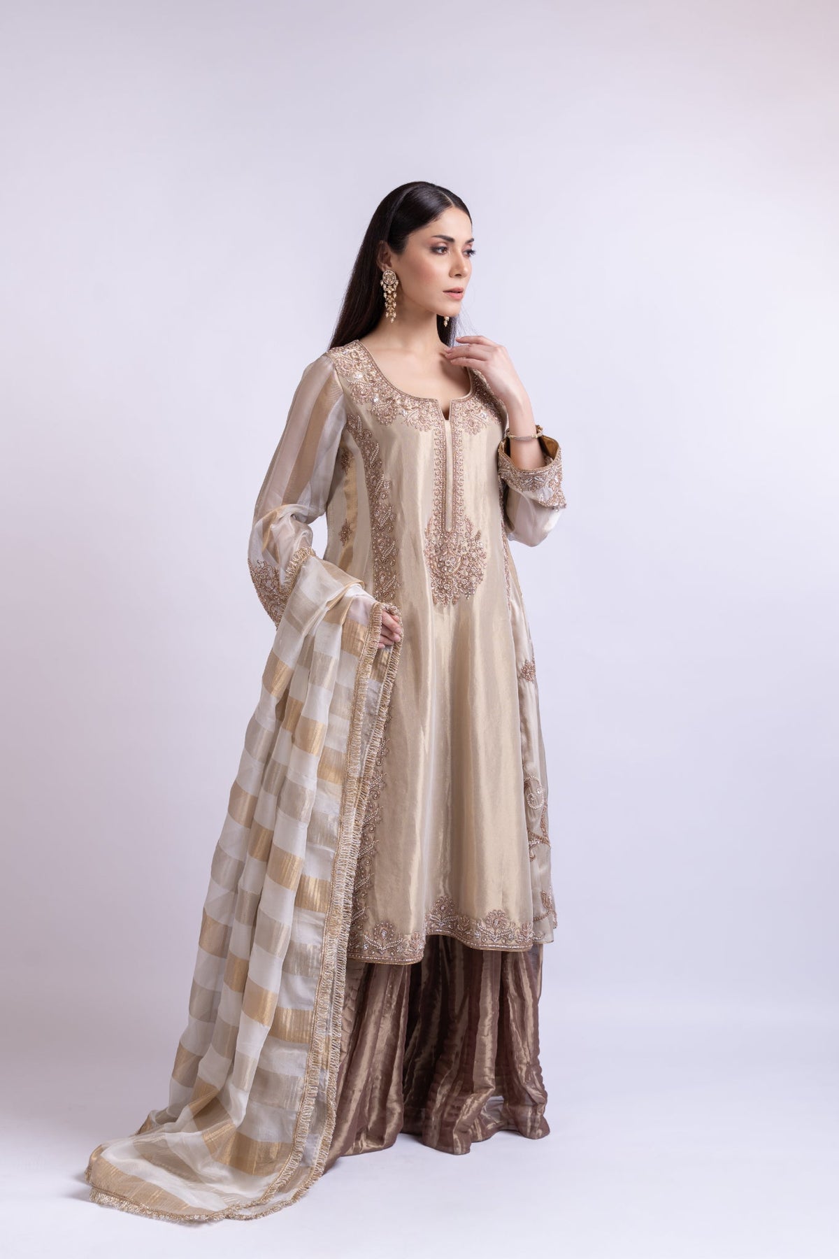 Golden Brown Embroidered Tissue Silk Sharara Set