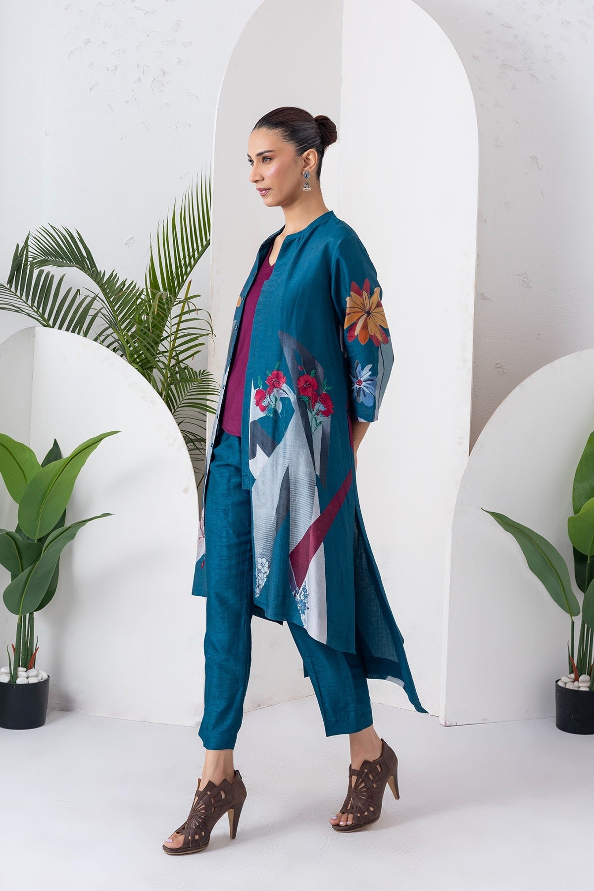 Indigo Silk Chanderi Printed High-Low Dress Set (3 PCS)