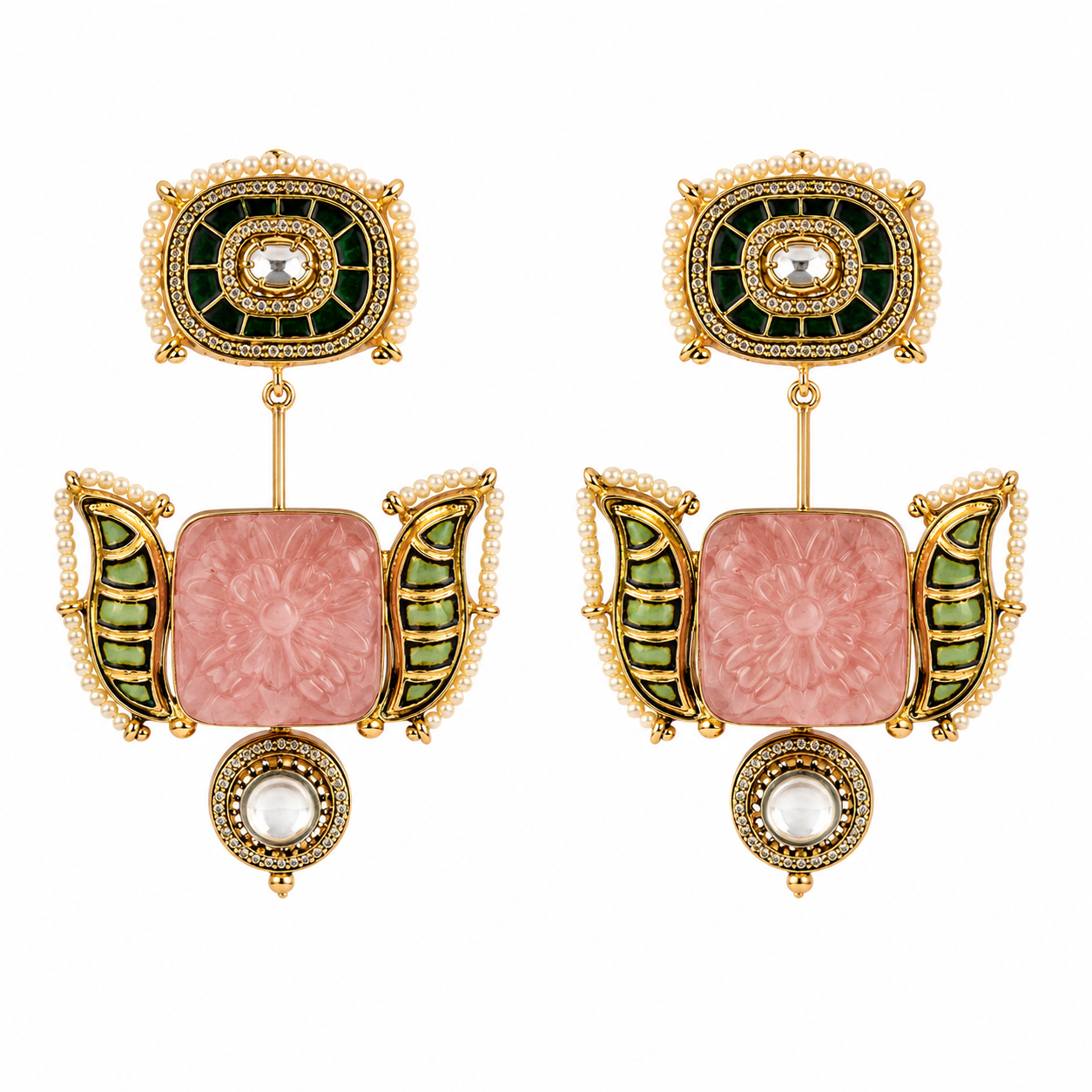 Blush Pink & Emerald Green Semi-Precious Statement Earrings