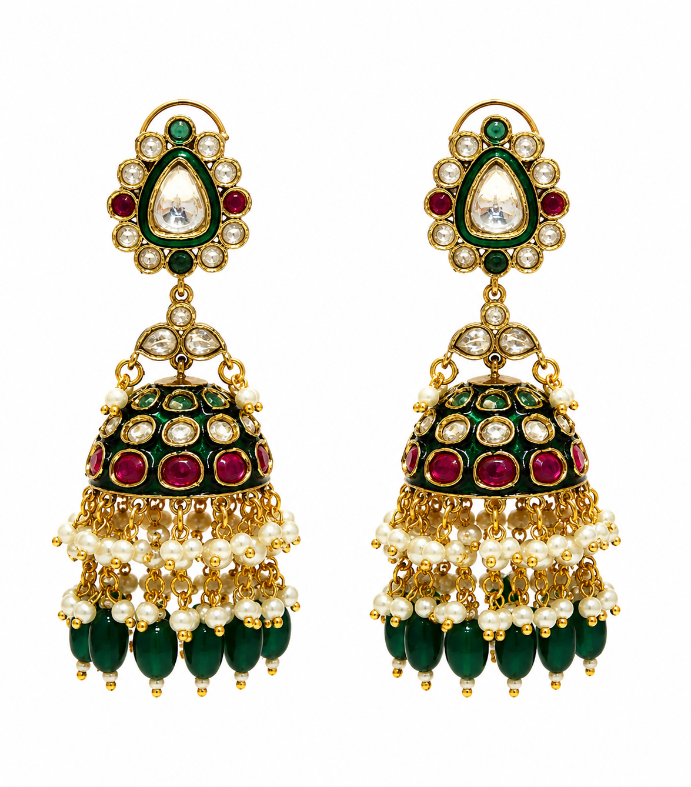 Meenakari Polki Jhumka Earring with Emerald Drops