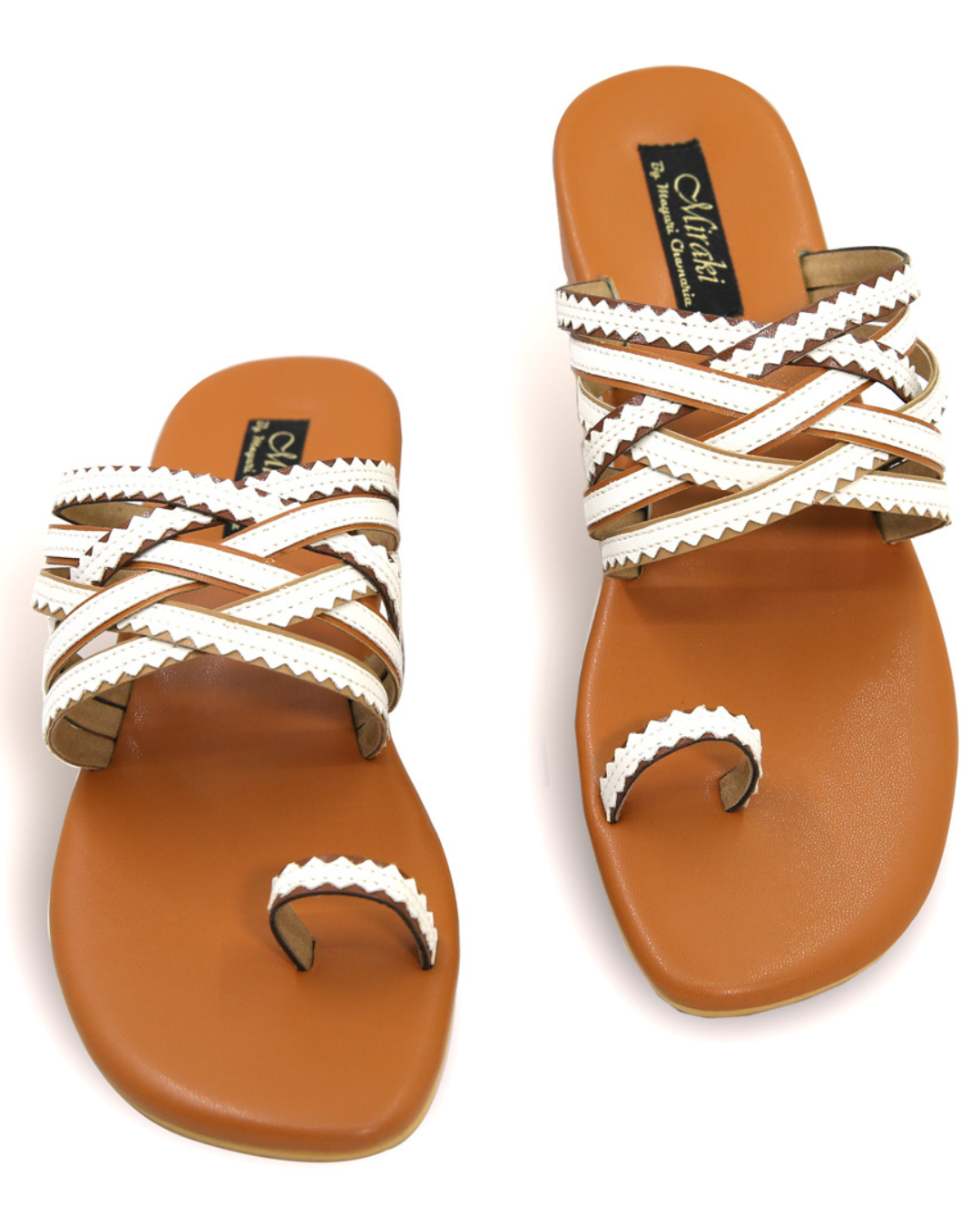 Pattern Cut Nude And White Strappy Flats
