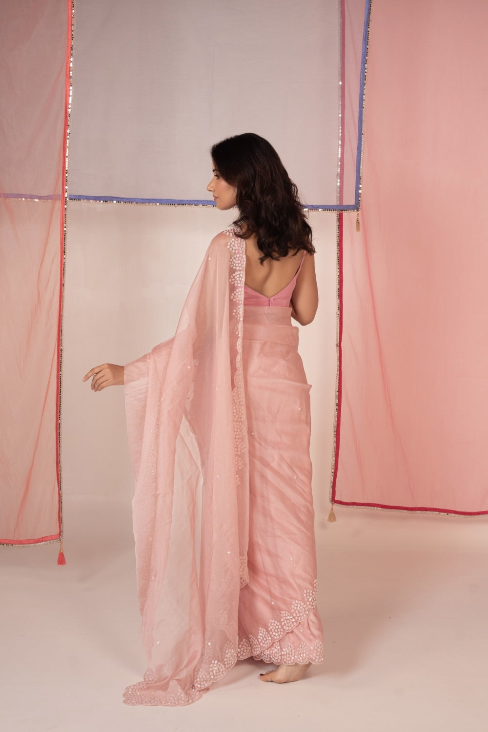 Baby pink tissue silk saree and unstitched blouse piece