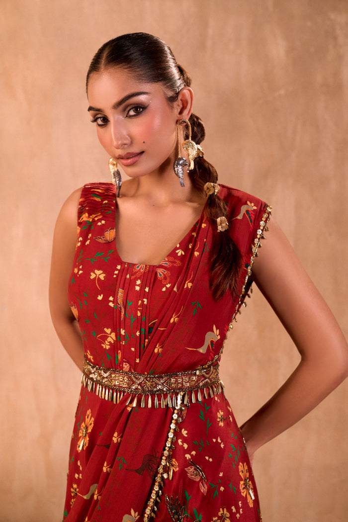 RED PRINT EMBROIDERED JUMPSUIT WITH DRAPE AND BELT SET - image 3