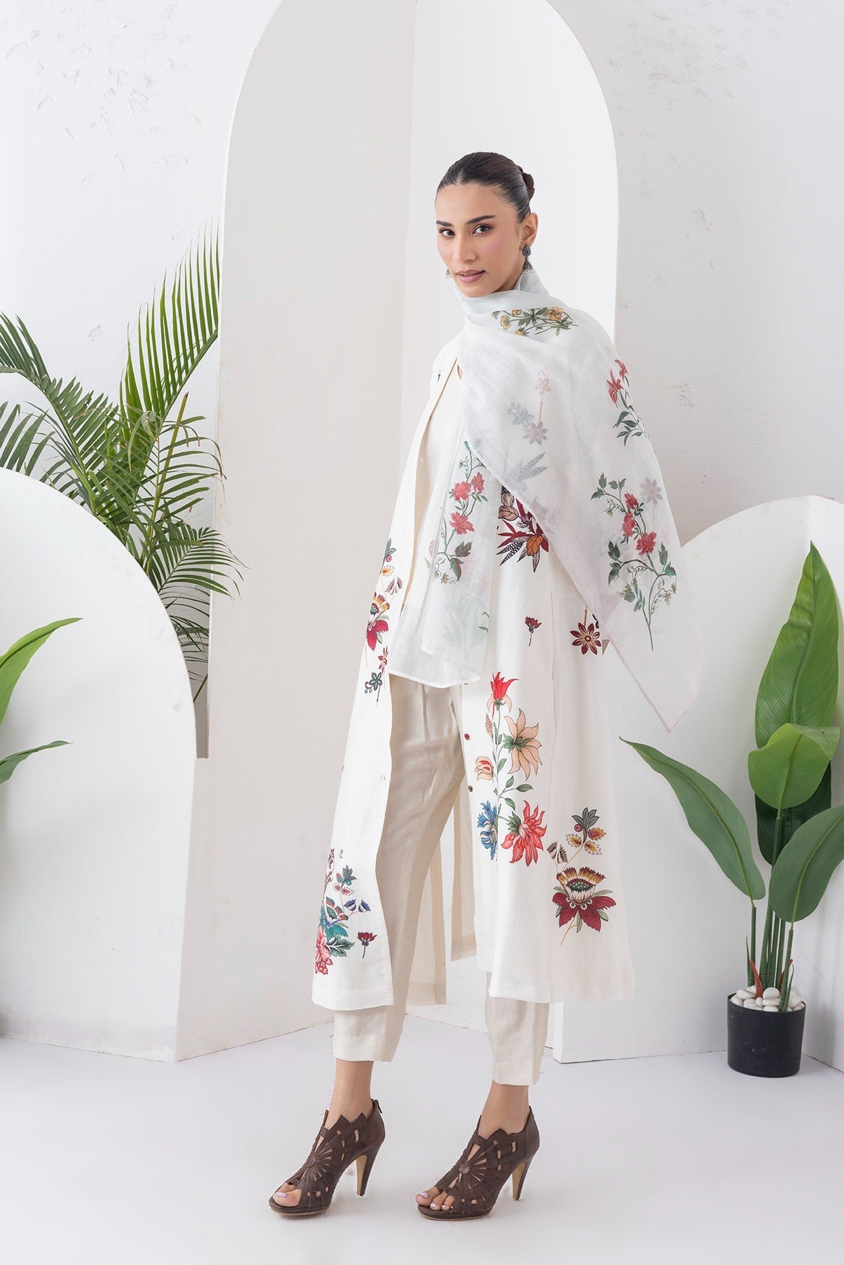 Ivory Silk Chanderi Printed High-Low Dress Set (3 PCS)