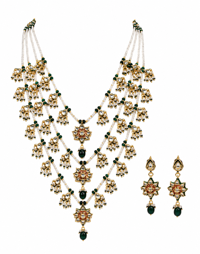 Layered Kundan & Emerald Beaded Necklace Set