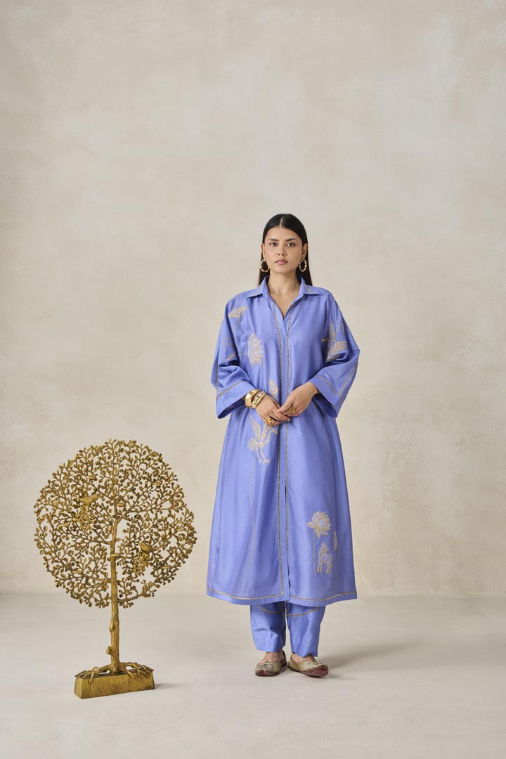 Ink Blue Chanderi Shirt Kurta Set with Heritage Embroidery