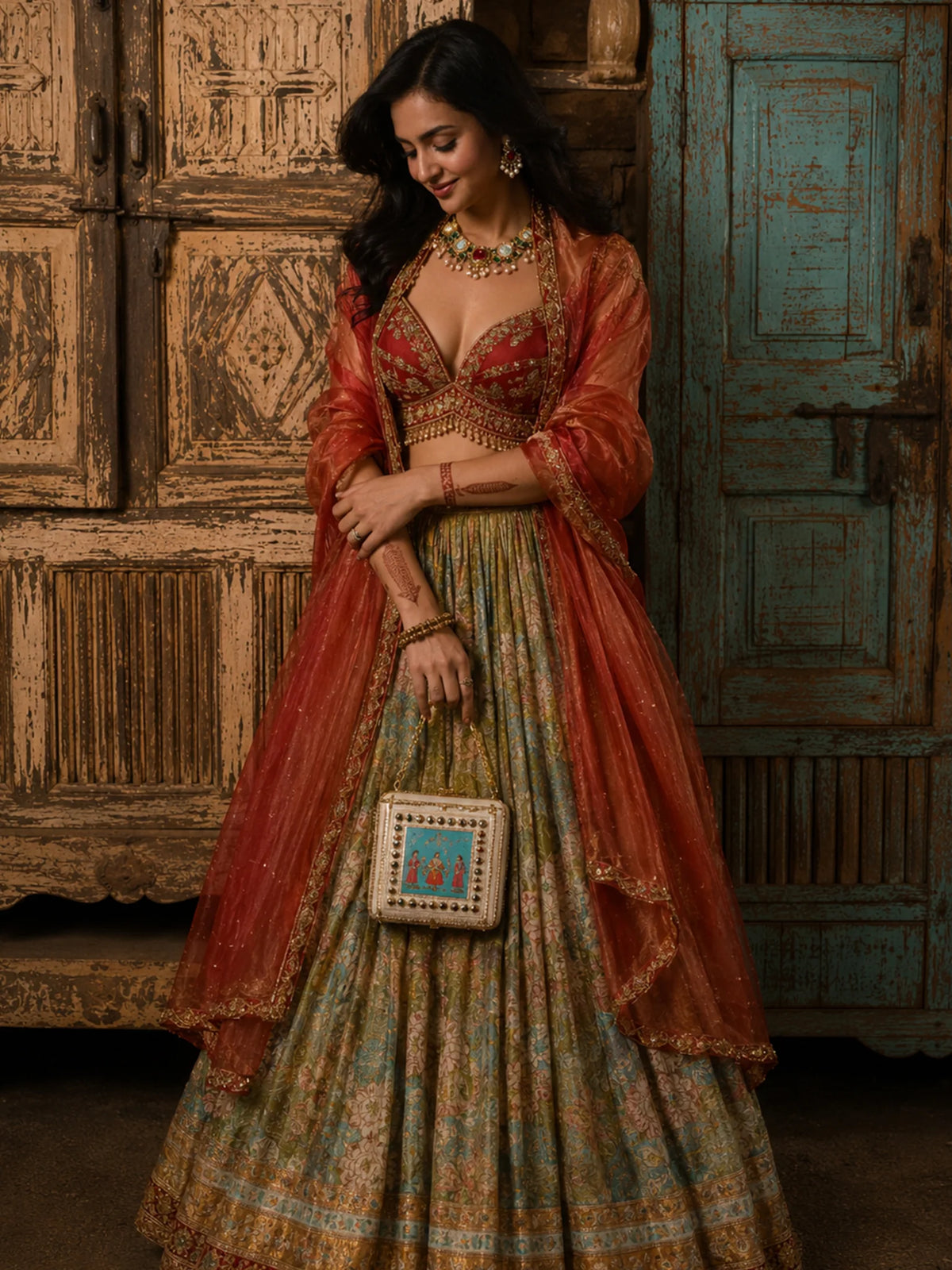 Royal Courtesan Miniature Art Clutch Bag with Gold Embellishment