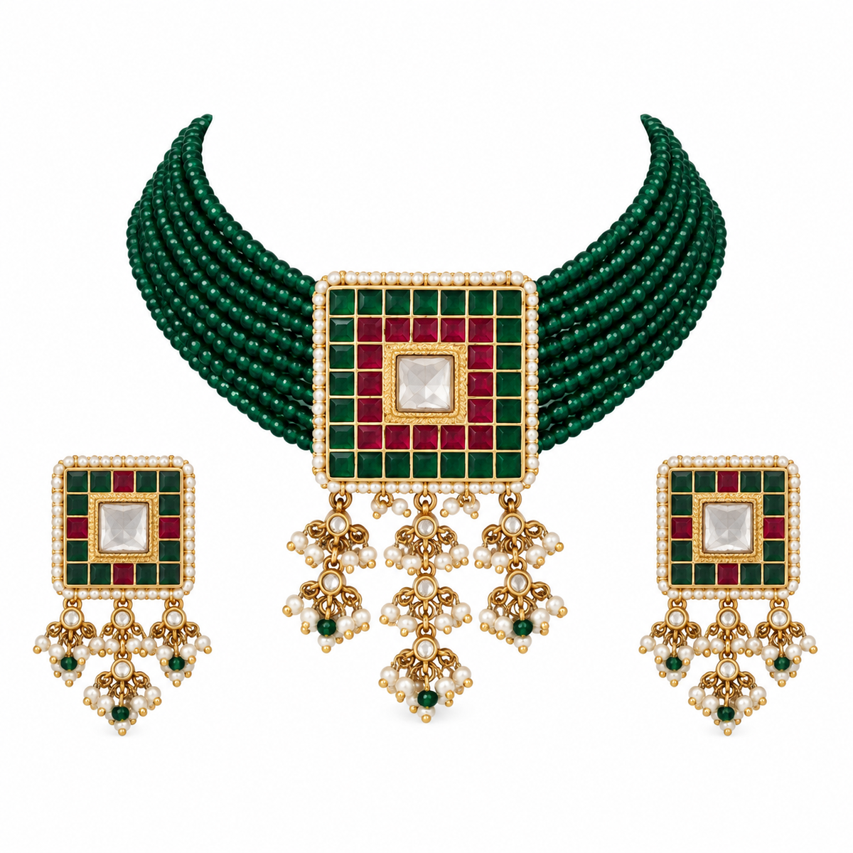 Emerald Green Beaded Square Choker Necklace Set