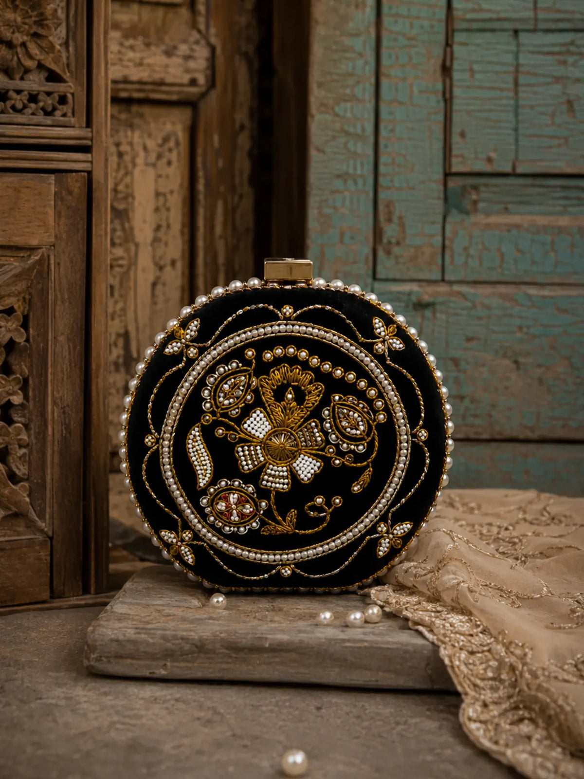 Black Zardozi Embroidered Round Clutch Bag with Gold & Pearl Detail