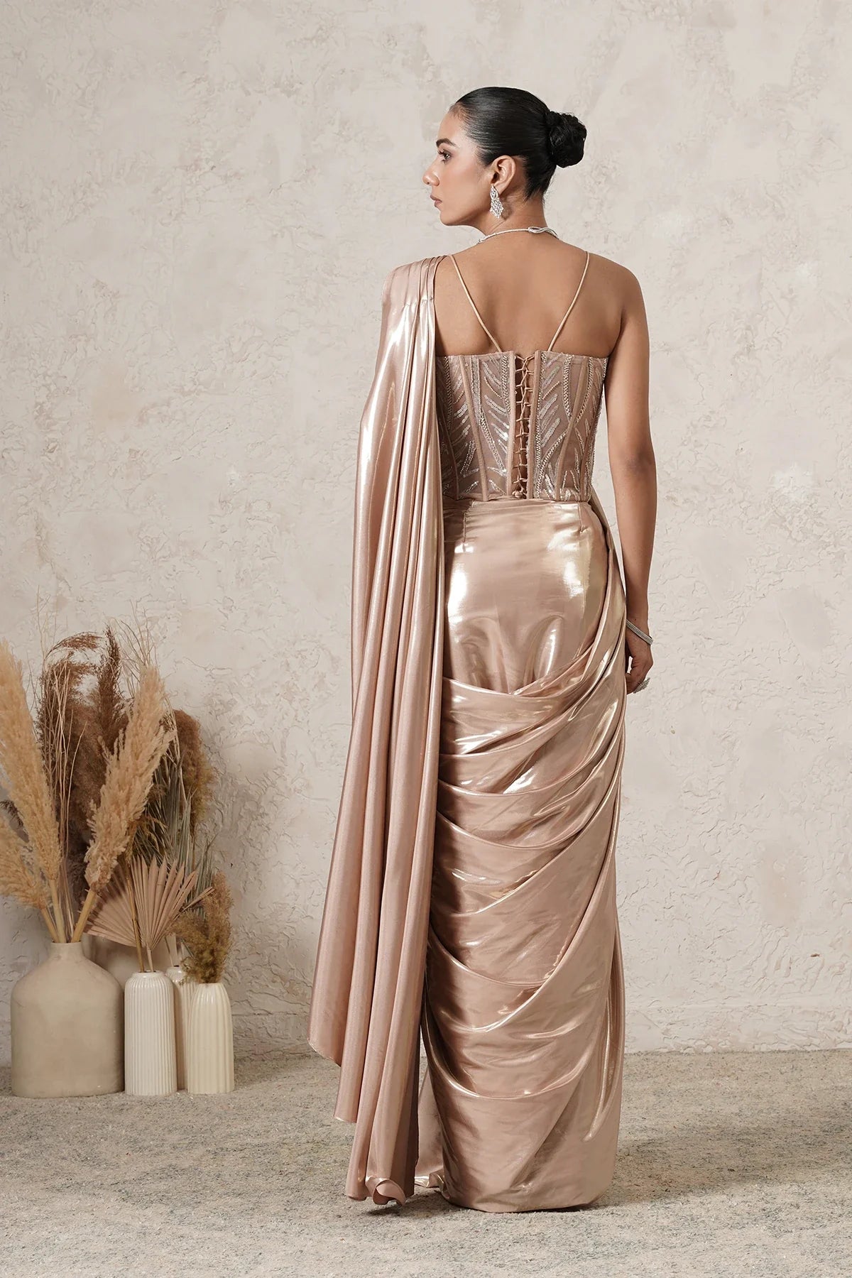 Sunehri Pre-Draped Saree with Hand-Embroidered Corset Blouse | Beige Gold | Women | THETAA