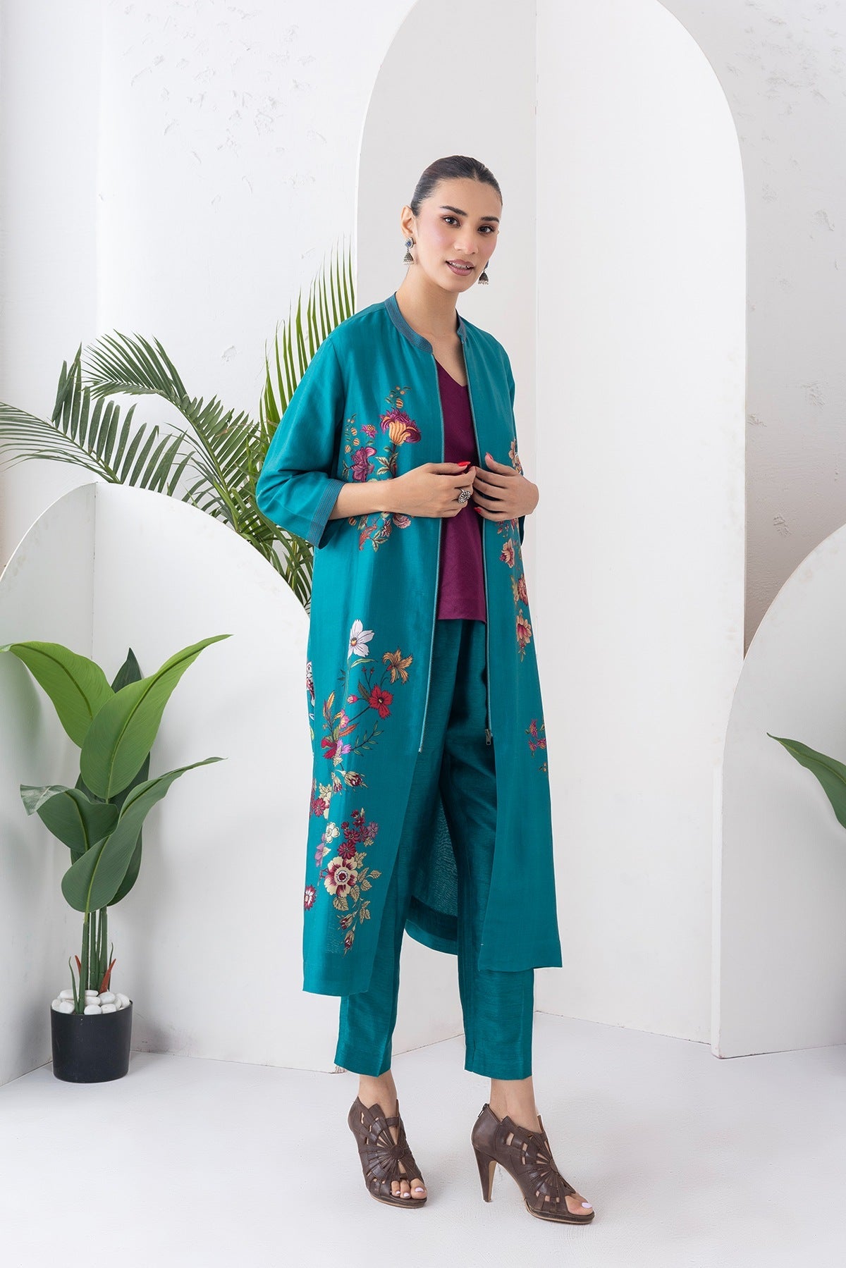 Emerald Silk Chanderi Floral Printed Front-Zip Dress Set (3 PCS)