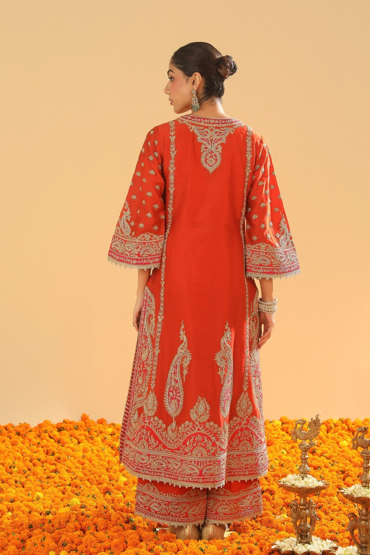 Misam - Burnt Orange Long A-line Kurta with Palazzo