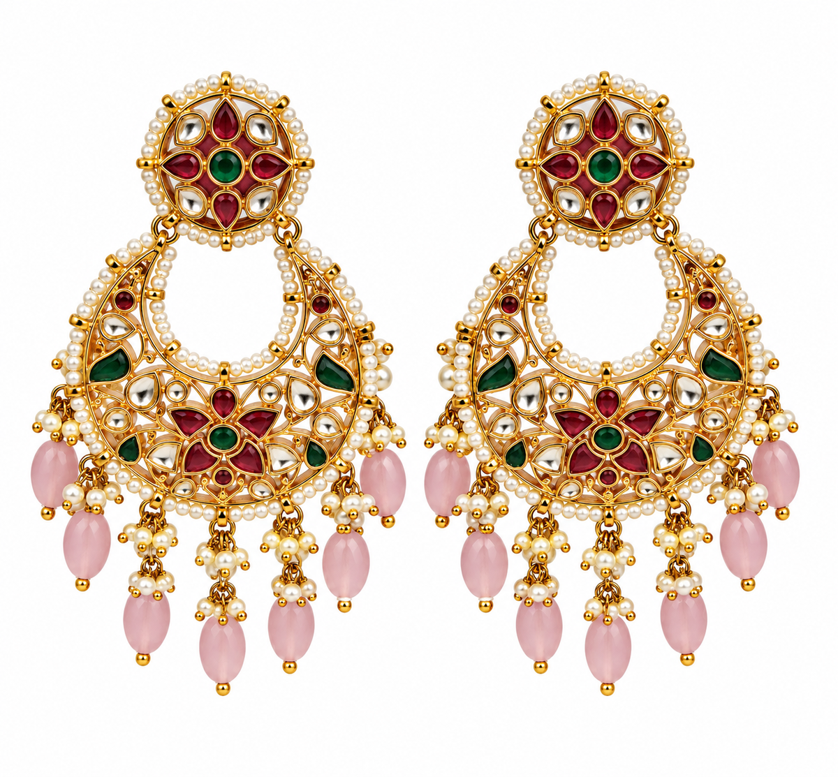 Multicolor Kundan Pearl Chandbali Earrings