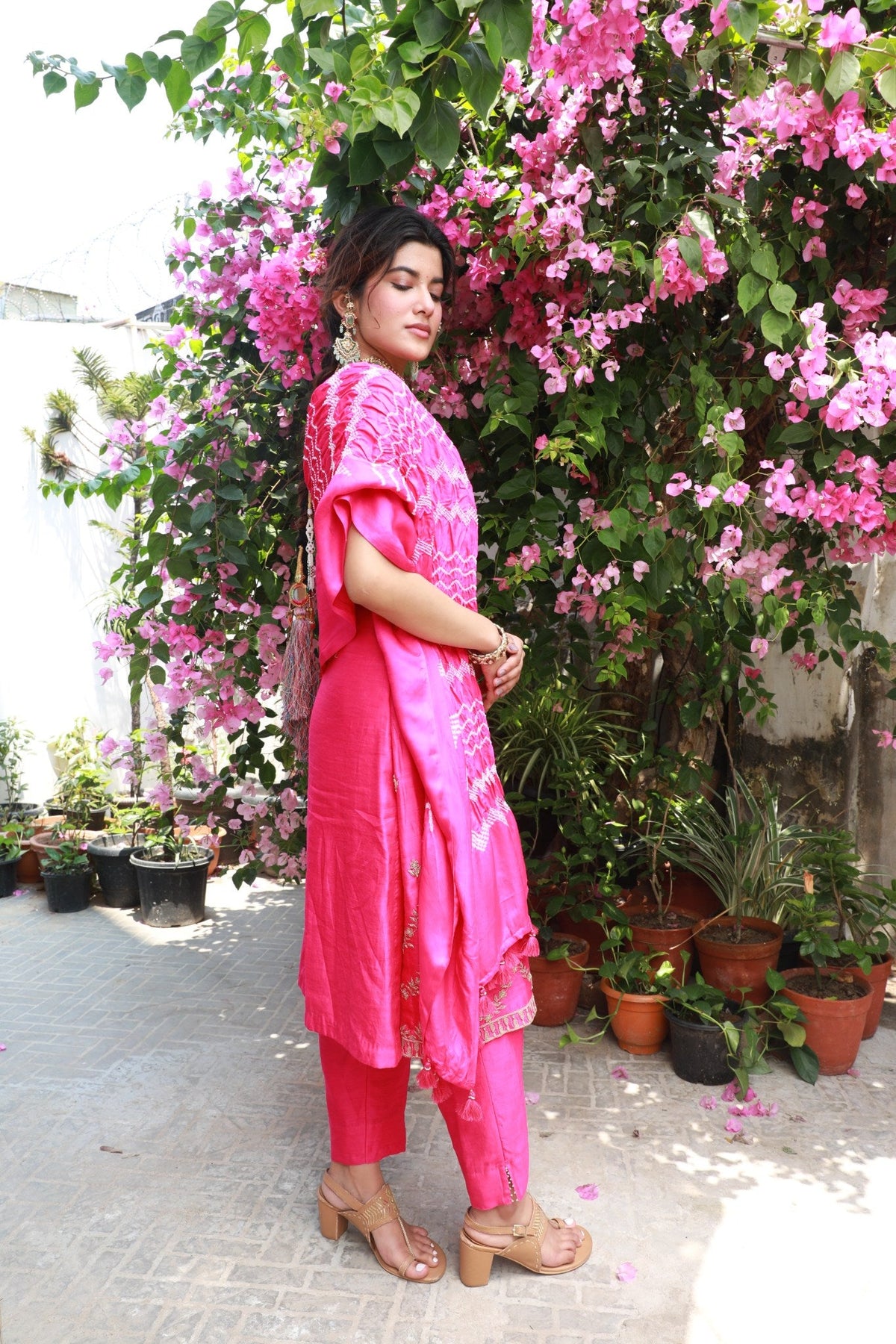 Embroidered kurta set with leher Bandhni Dupatta