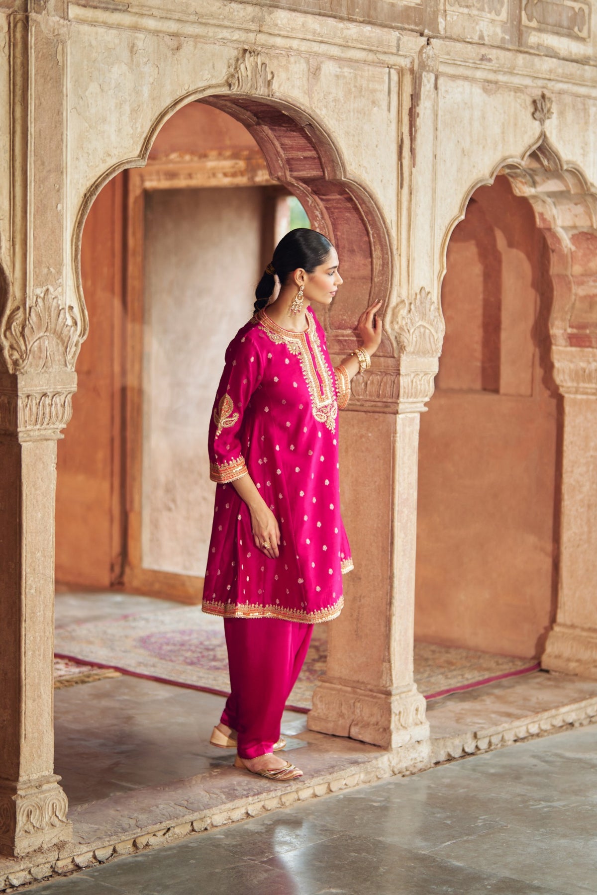 Hot Pink Silk Chanderi Chauga with Traditional Dogri Salwar