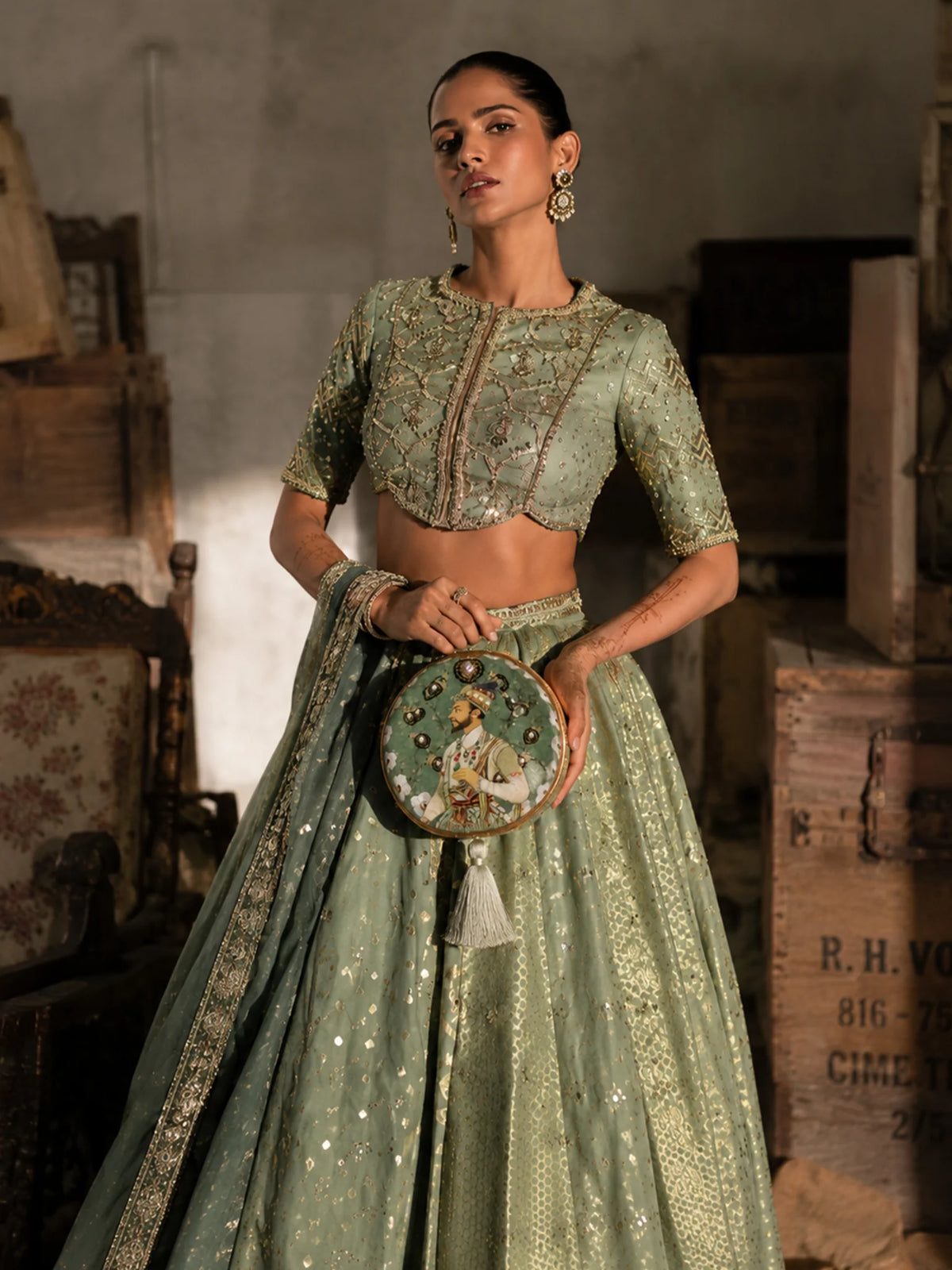 Sage Green Shehzada Portrait Round Clutch Bag with Embellished Tassel