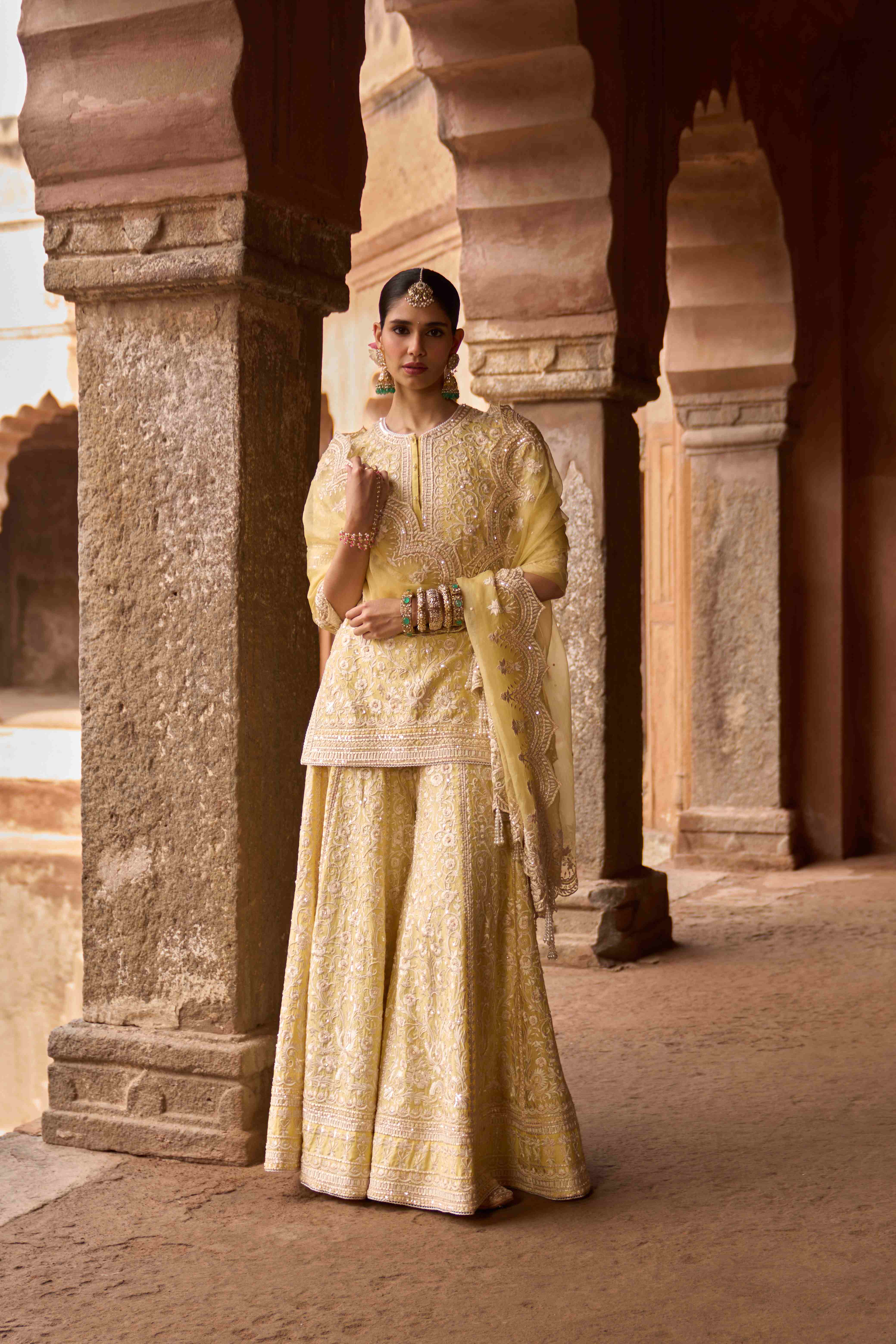 HEER - LEMON YELLOW SHORT KURTA WITH SHARARA AND DUPATTA
